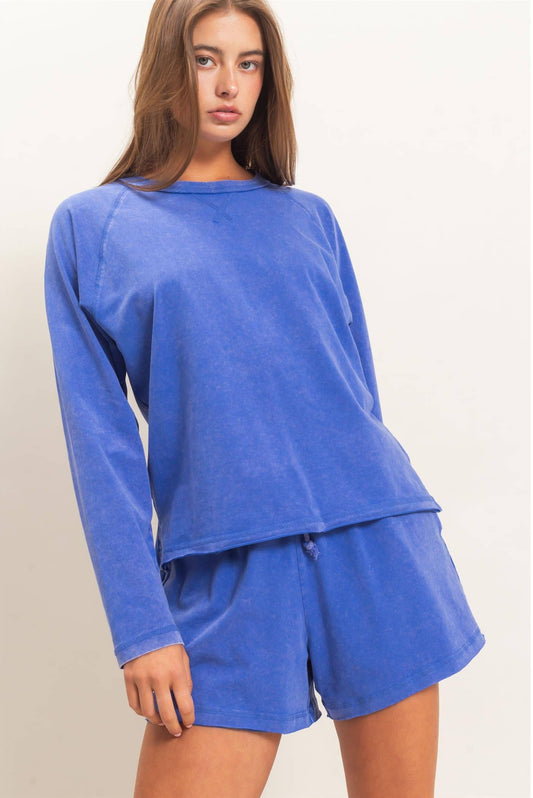 Mineral Wash Long Sleeve Raw Edge Top & Shorts Set: COBALT