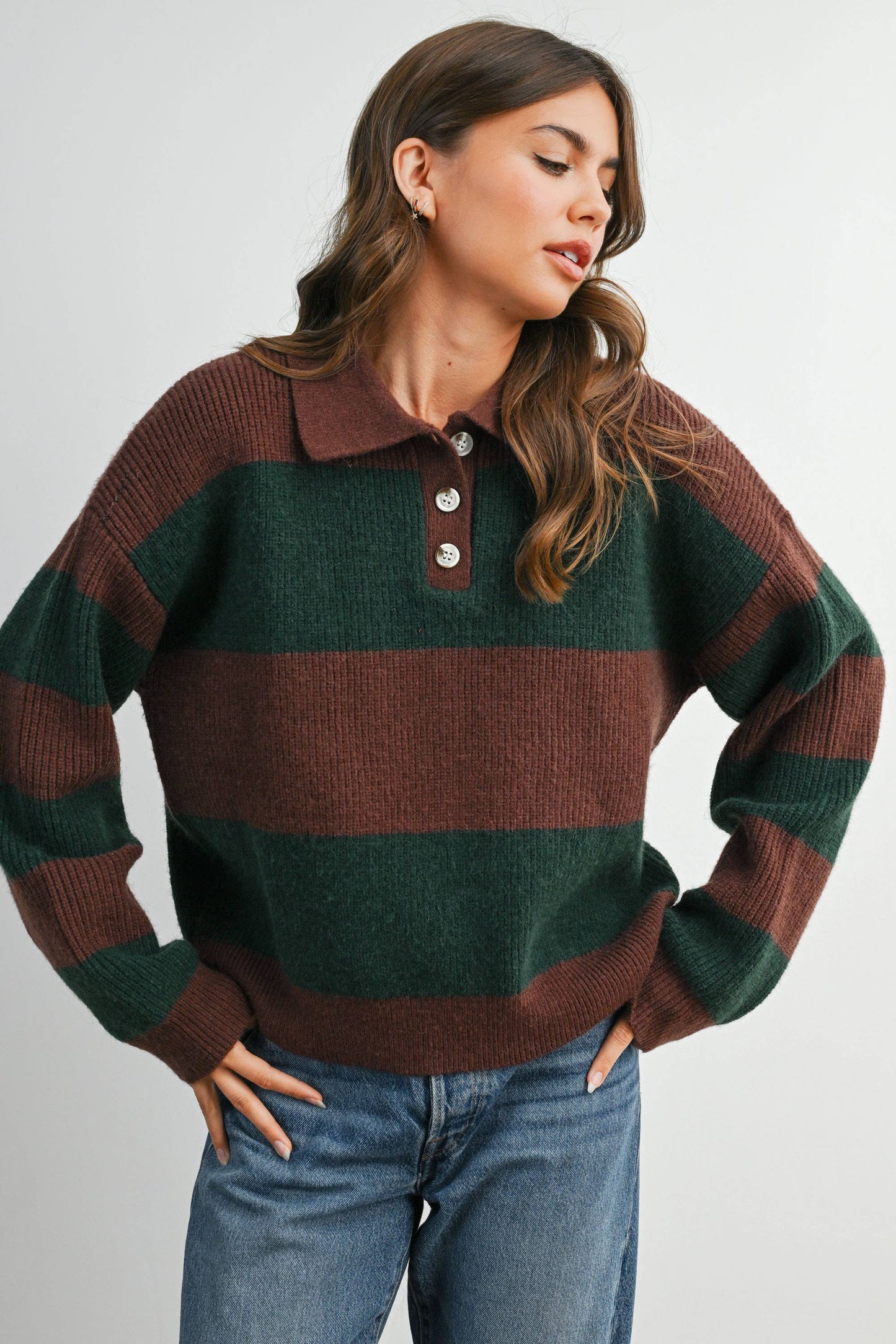 Striped Color Block Collared Sweater: BROWN / OLIVE
