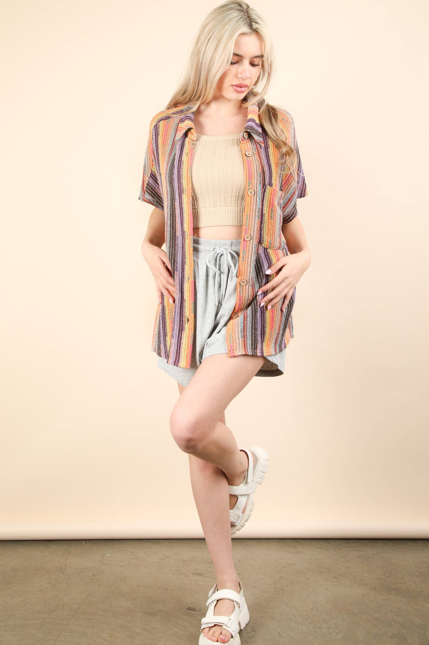 Oversized Crochet Multi Color Striped Shirt Top: BRICK MIX
