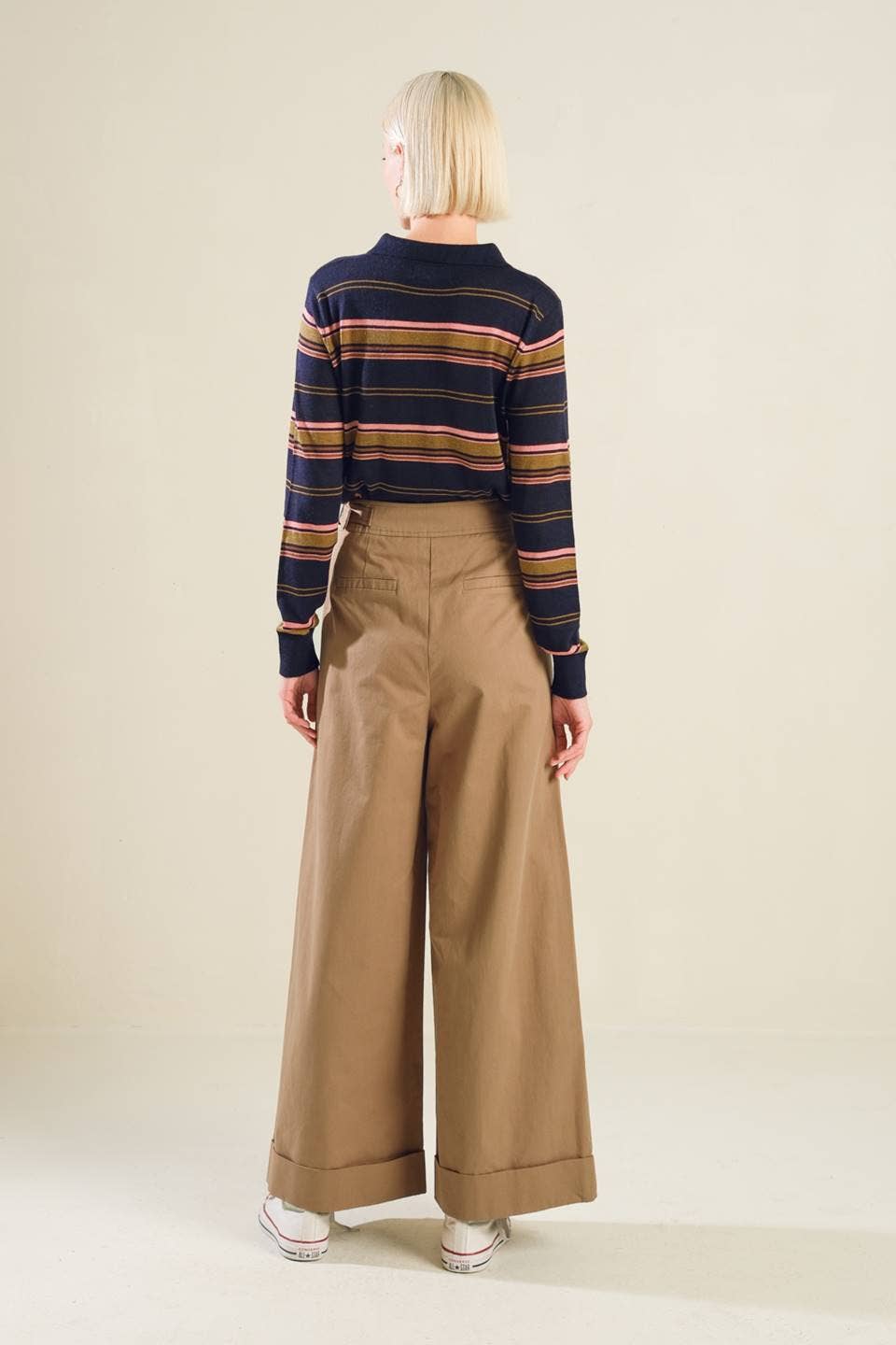 A striped sweater knit polo top: NAVY MULTI