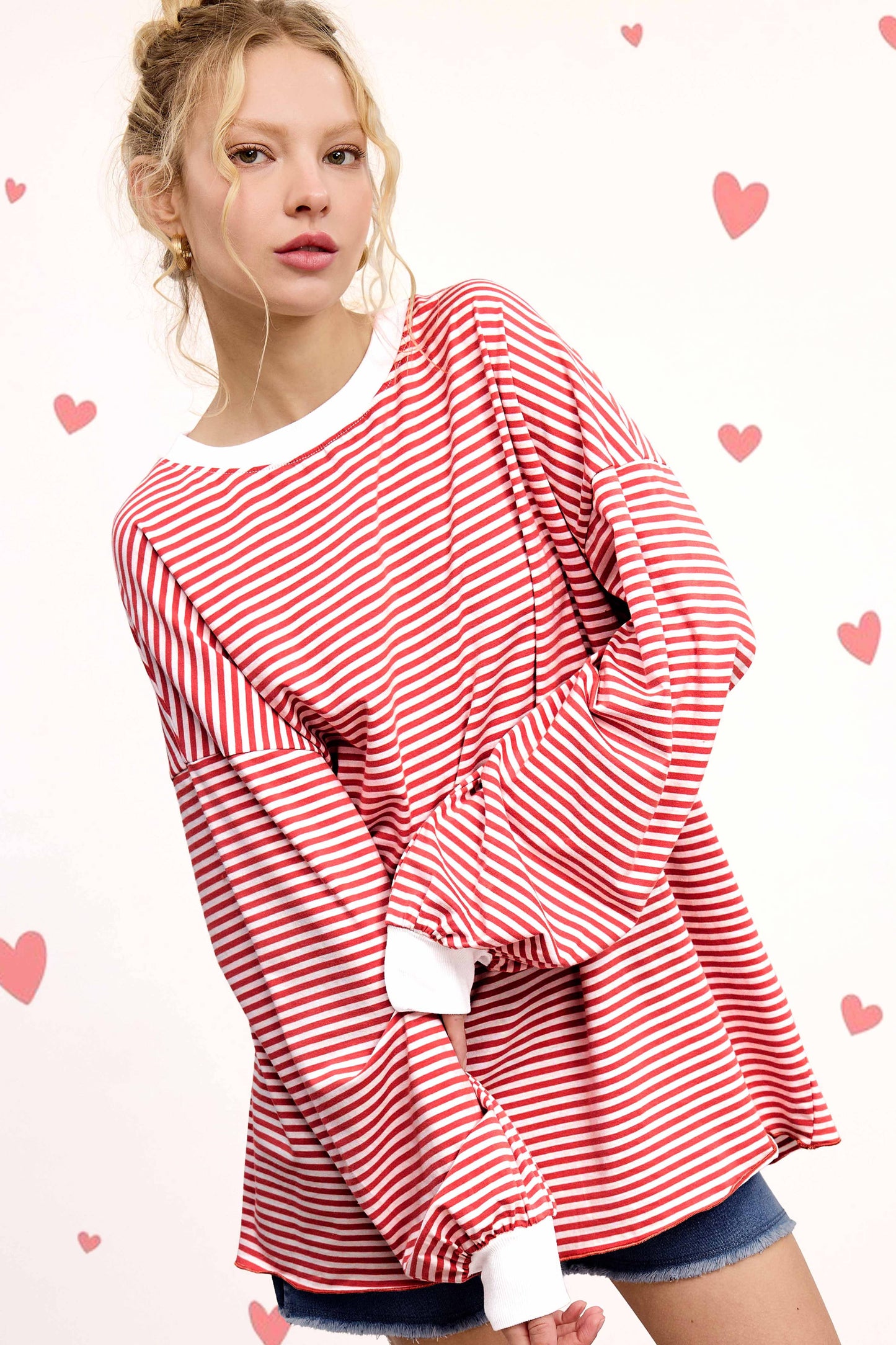 Oversized Striped Long Sleeve Pullover Top: Tomato