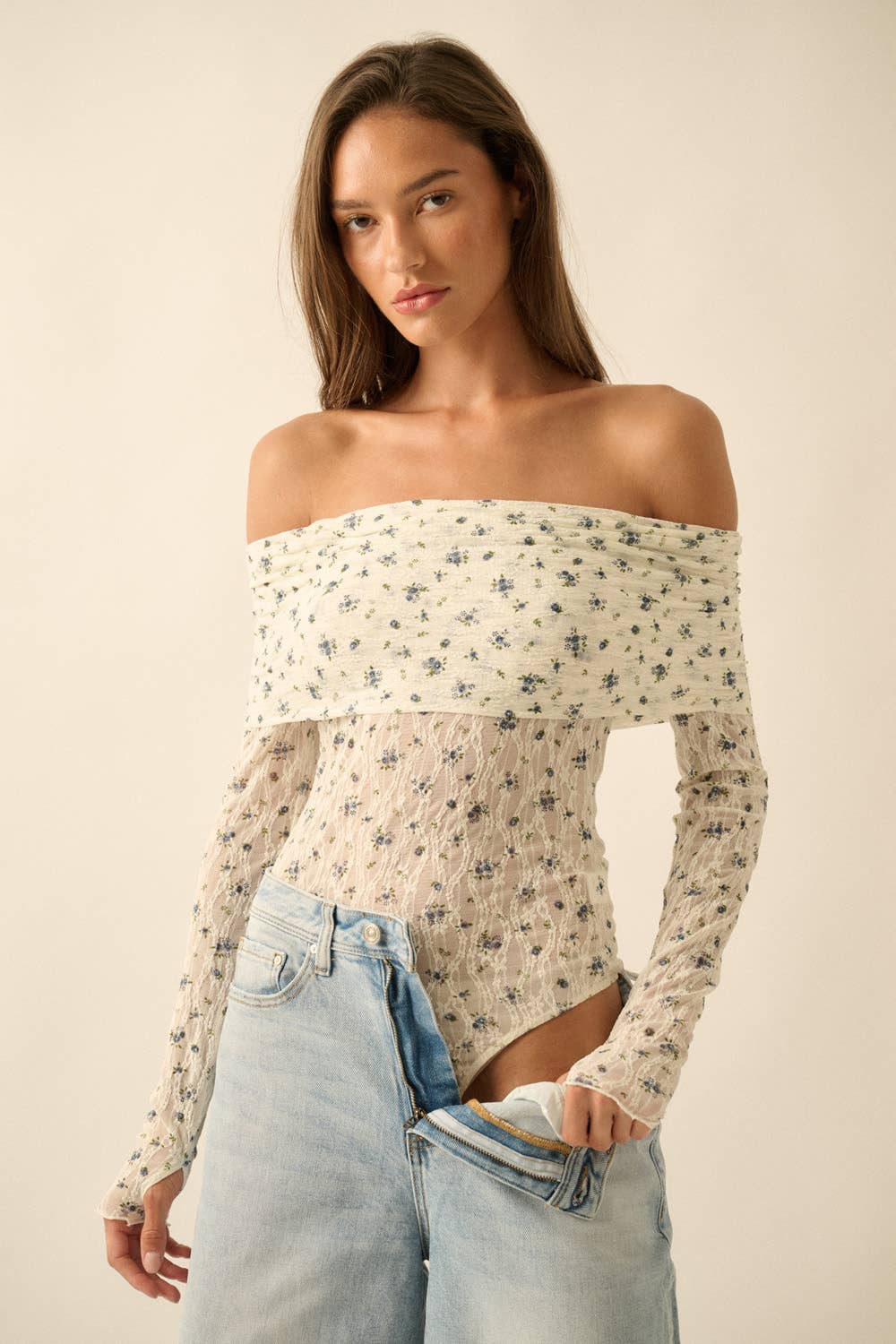 Floral-Print Lace Long-Sleeve Off-Shoulder Foldover Bodysuit: Cream