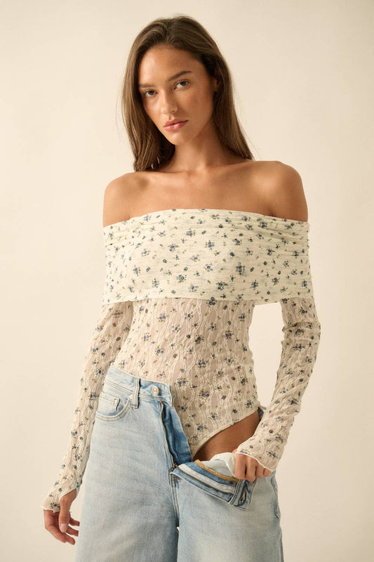 Floral-Print Lace Long-Sleeve Off-Shoulder Foldover Bodysuit: Cream