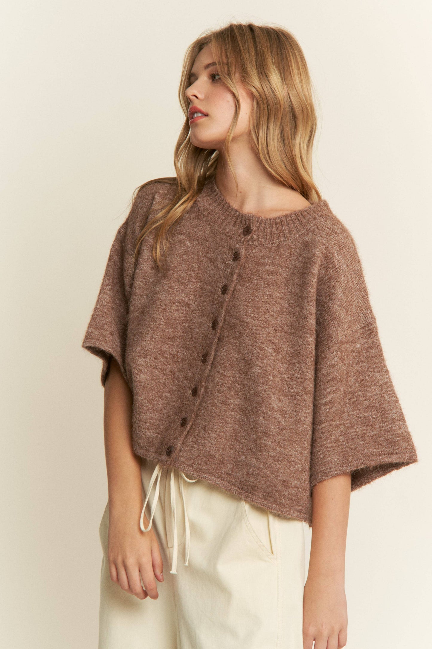 Quarter-Sleeve Knit Cardigans: Mocha