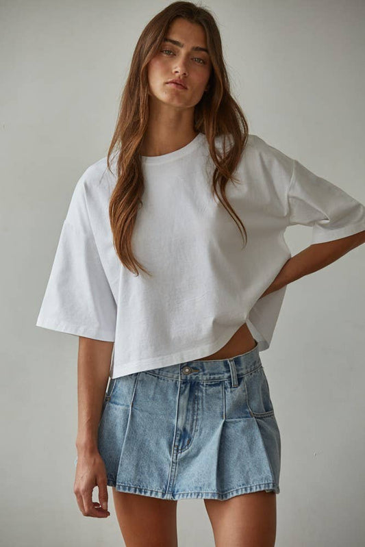 Knit Cotton Crew Neck Drop Shoulder Short Sleeve Top: White