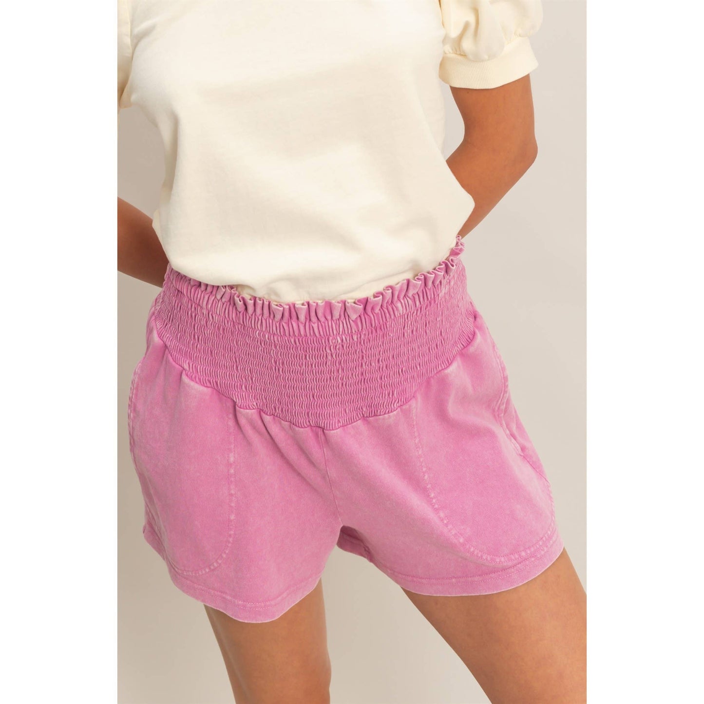 Smocked Waist Mineral Wash Shorts: FUCHSIA