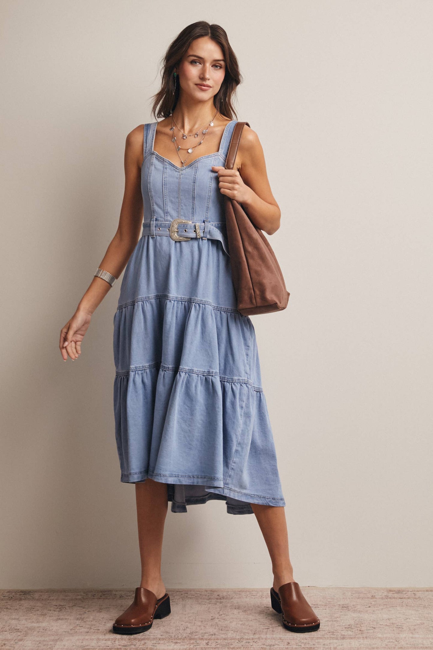Tiered Denim Maxi Dress: Cloud Wash