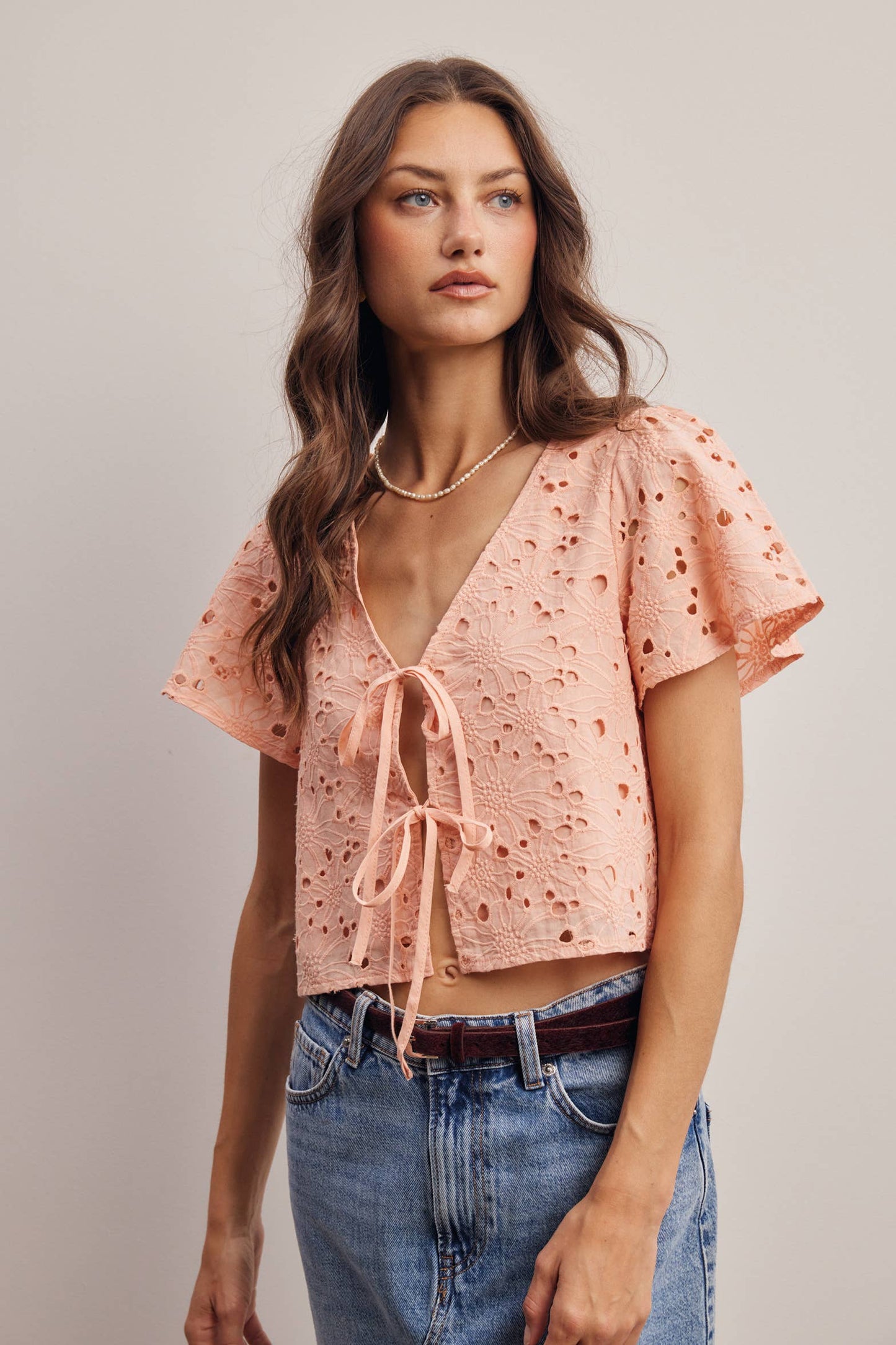 Eyelet Tie-Front Lined Cotton Top: Ivory