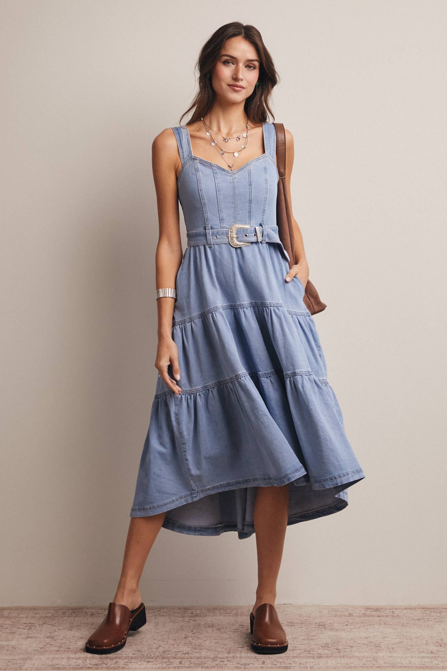 Tiered Denim Maxi Dress: Cloud Wash