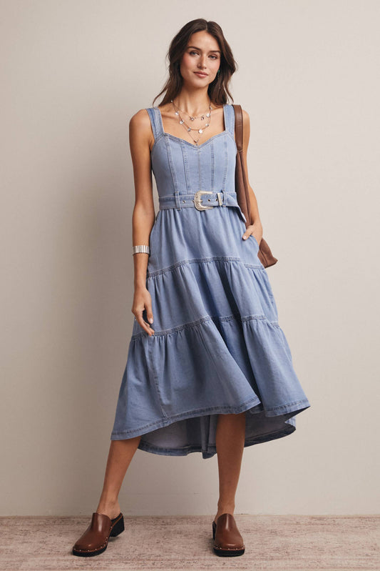Tiered Denim Maxi Dress: Cloud Wash