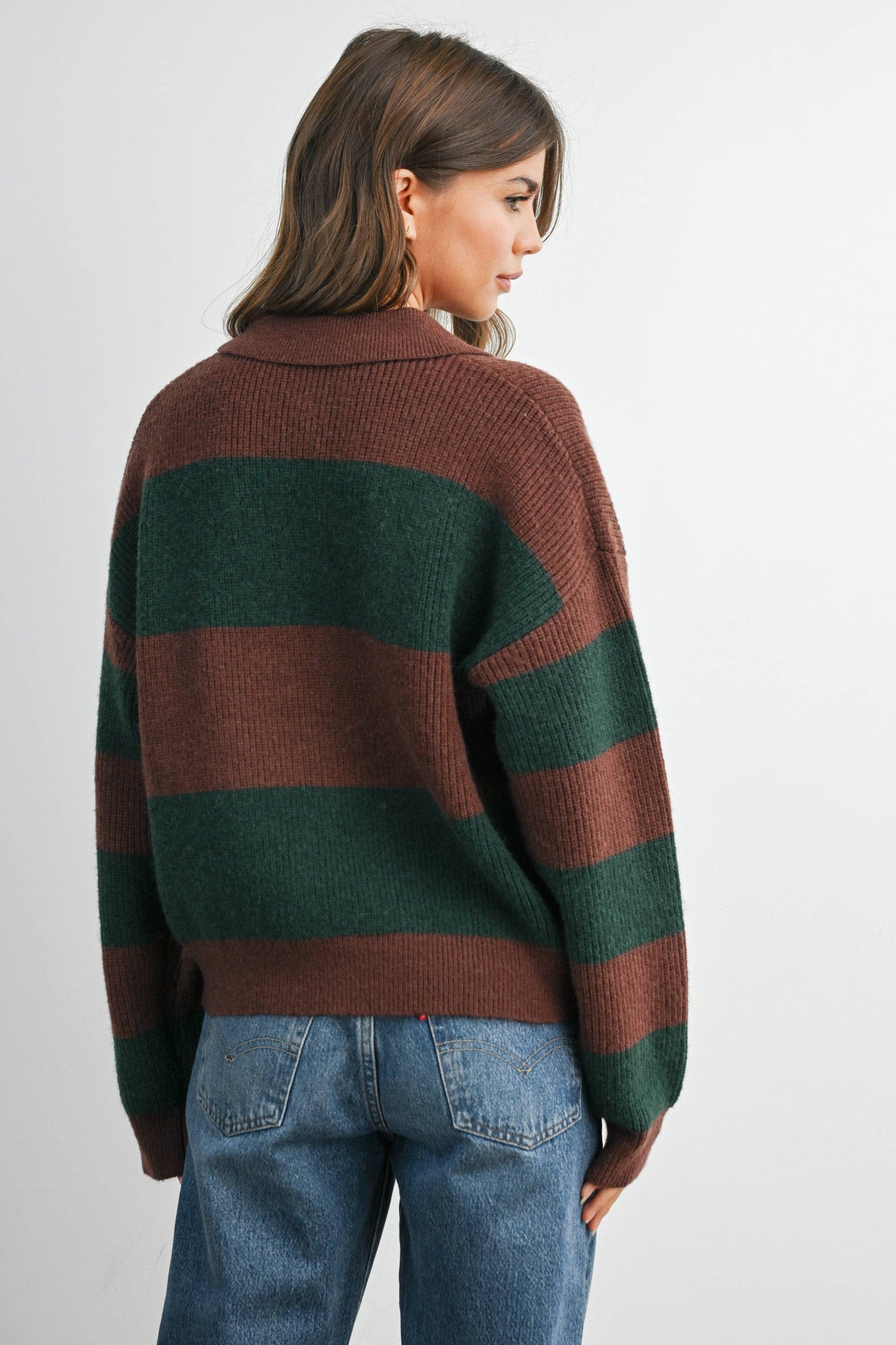 Striped Color Block Collared Sweater: BROWN / OLIVE