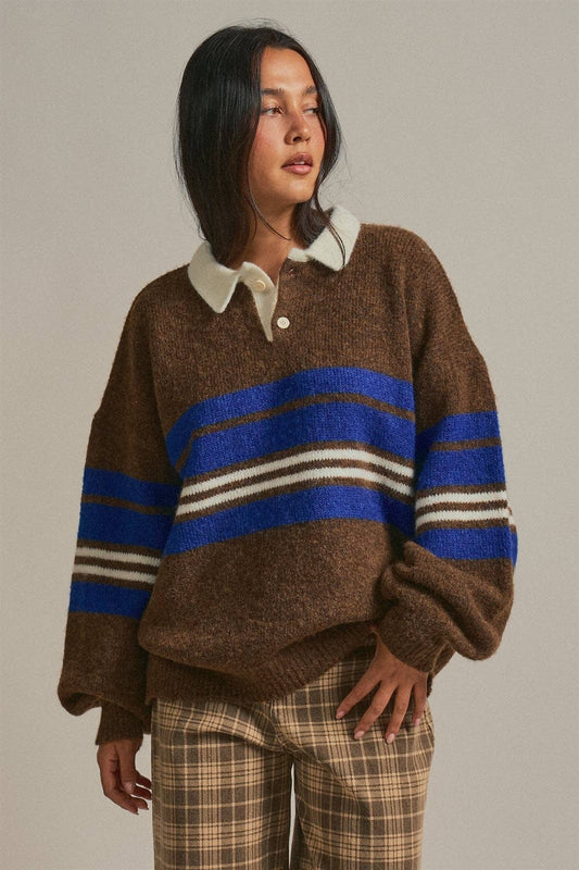 Striped Rugby Polo Sweater With Contrast Collar: Brown