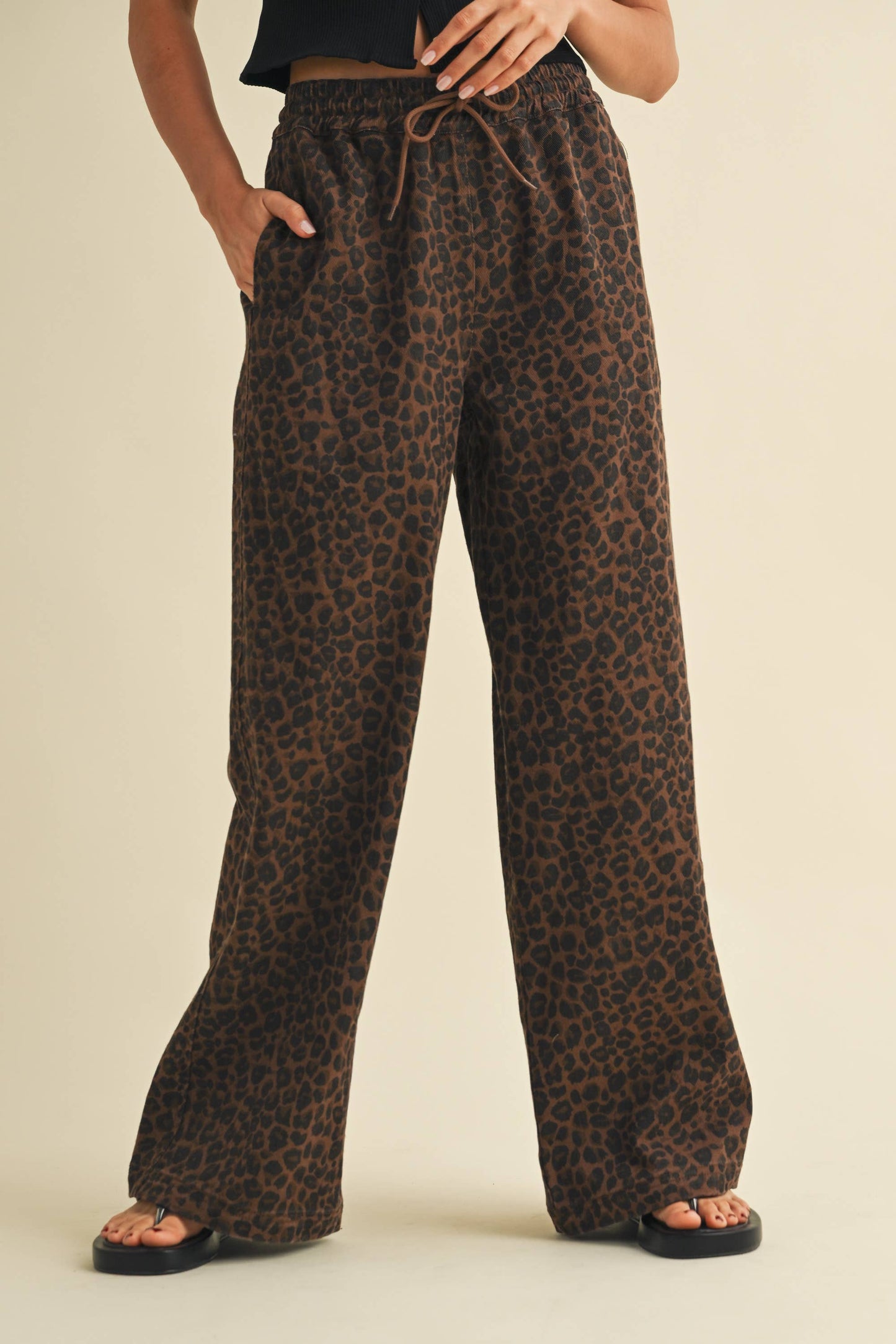 LEOPARD PRINT WIDE DENIM TRACK PANTS