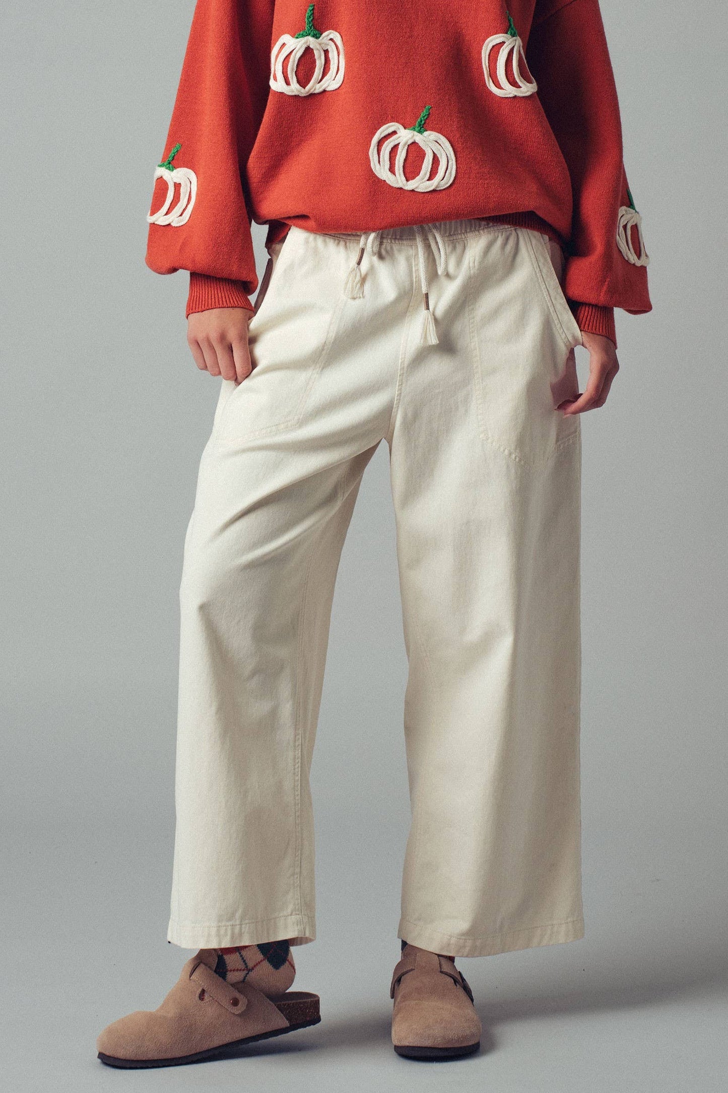 Coastal Breeze Wide-Leg Denim Pants: CHALK