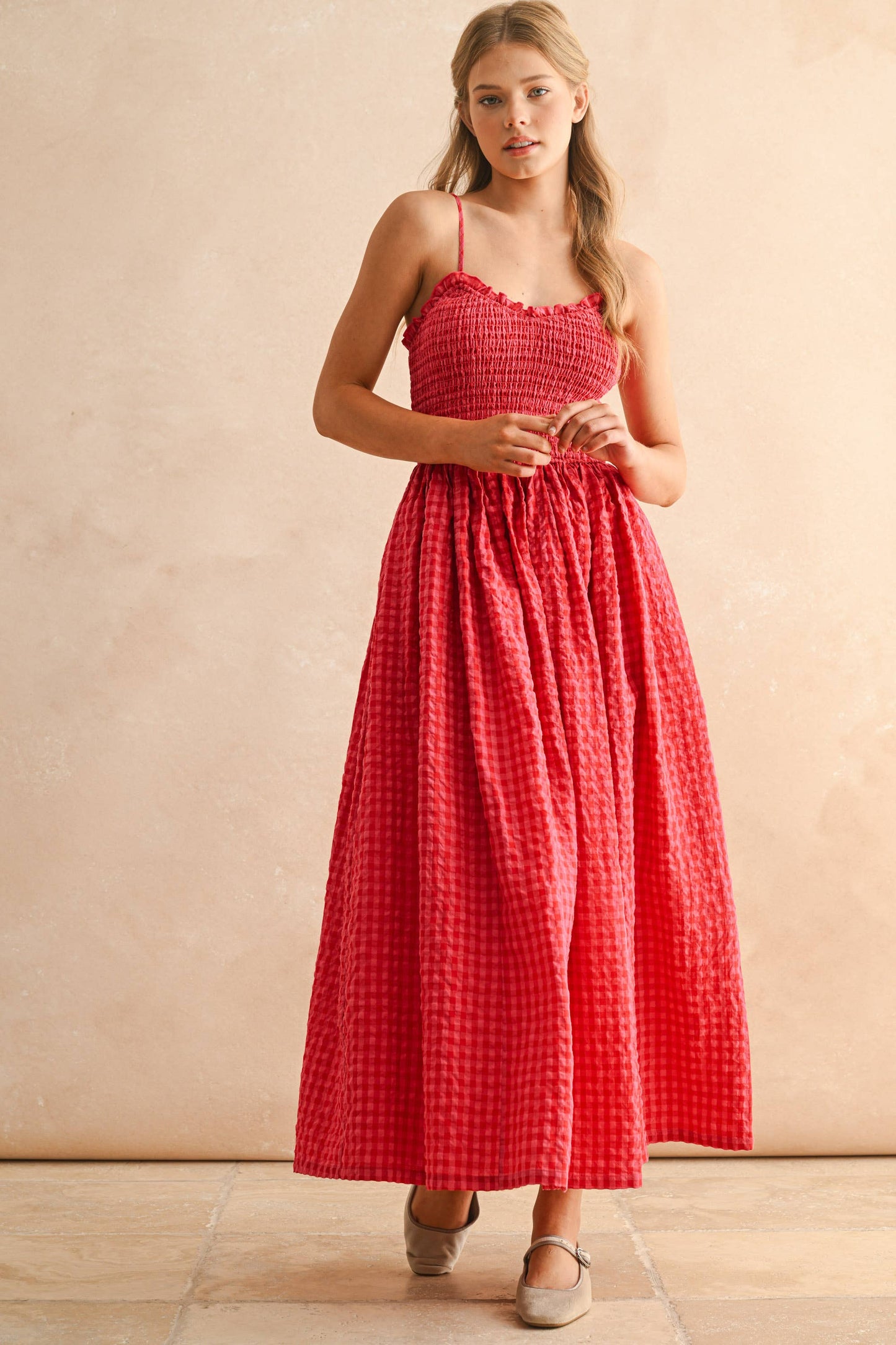 GINGHAM PRINT LONG DRESS: CHERRY