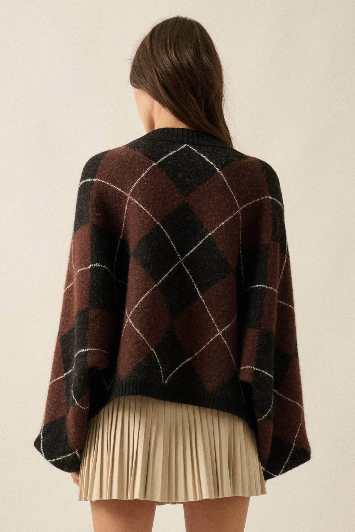 Argyle Plaid Knit Dolman-Sleeve Sweater: Brown-Black