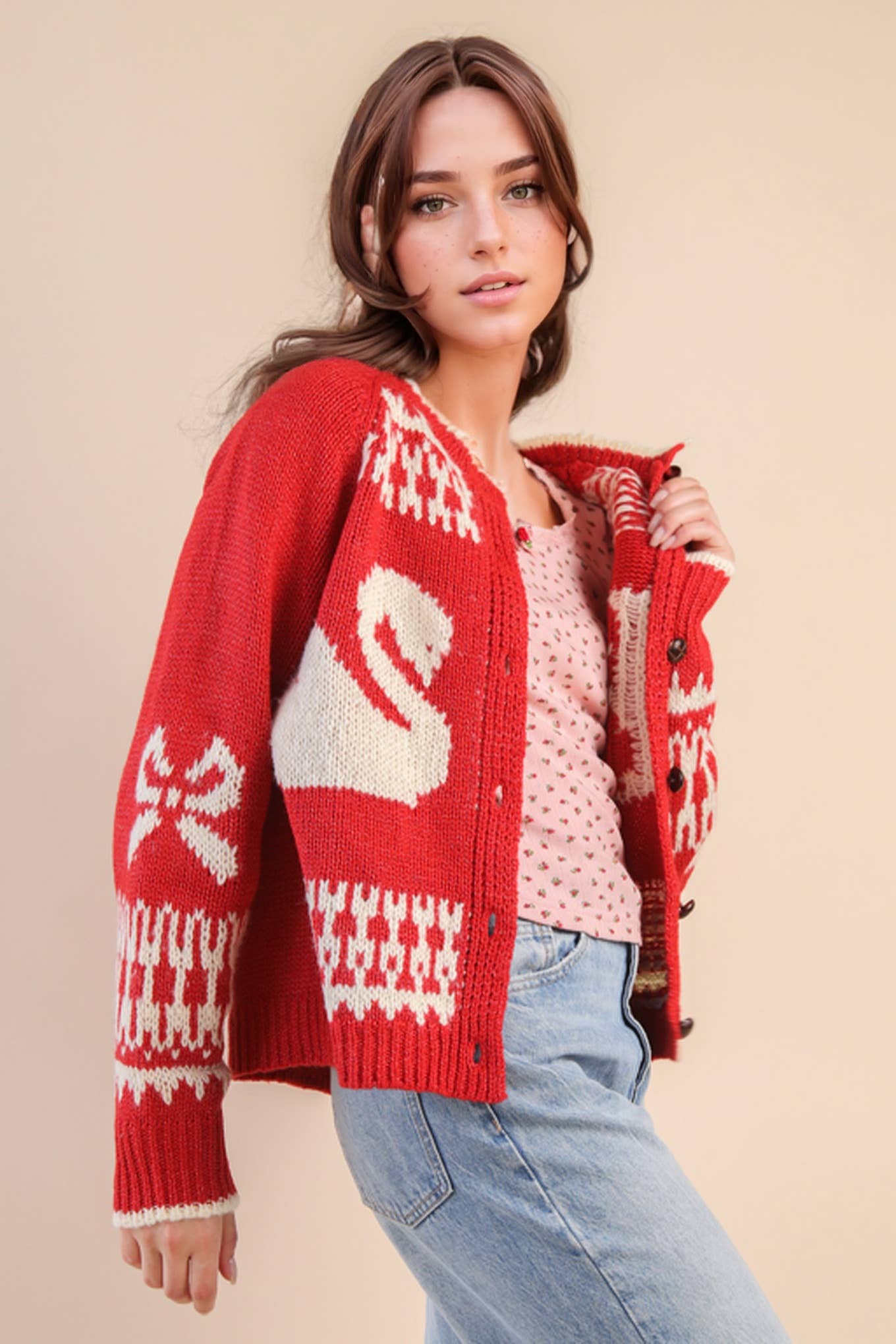 Goose Knit Sweater Cardigan: RED