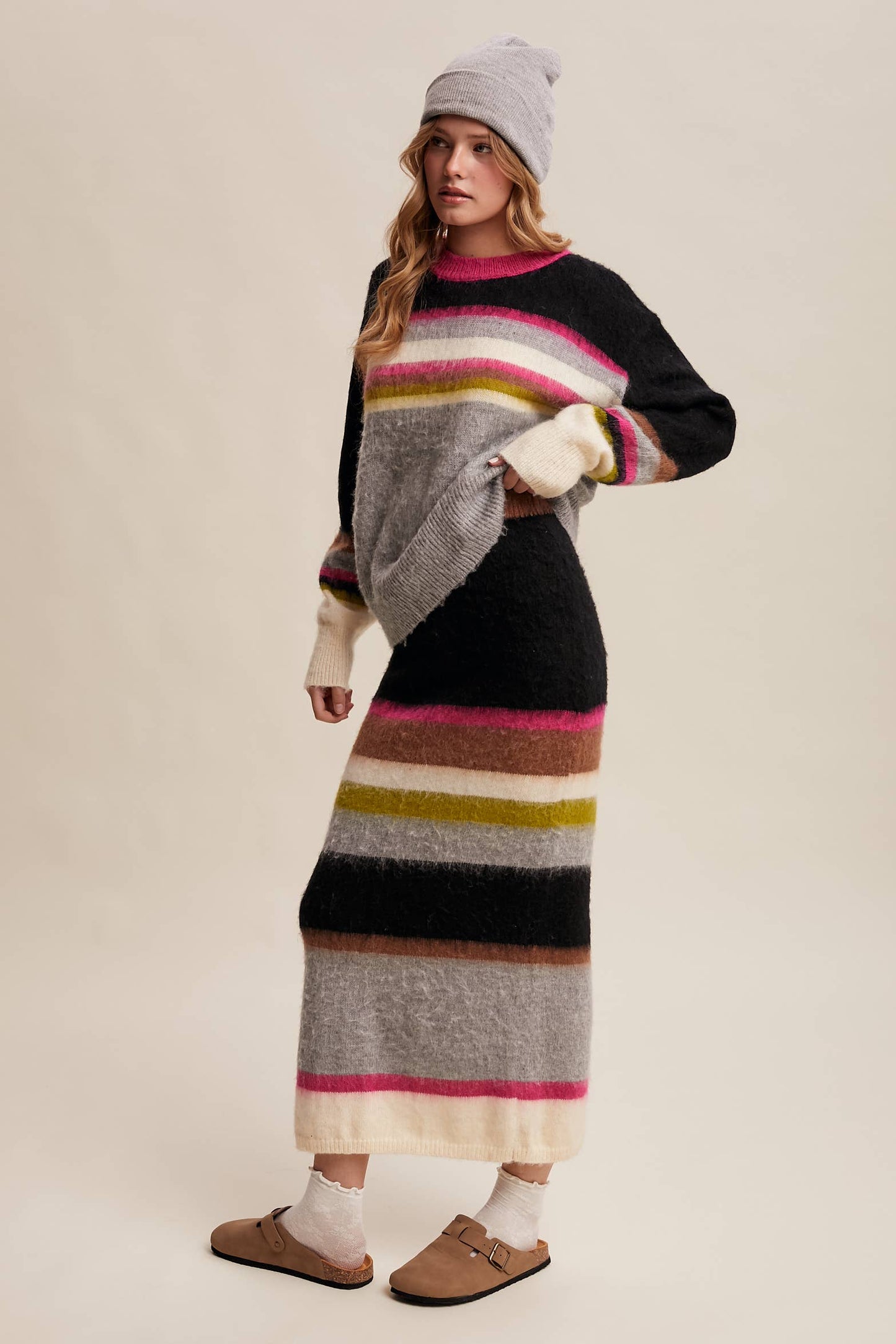 Striped Fuzzy Knit Sweater & Skirt: Light Pink Multi