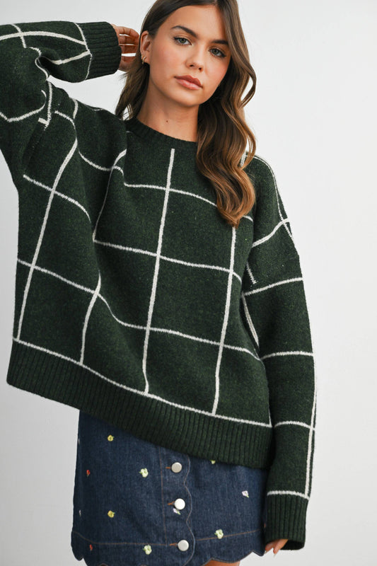 Checkered Crew Neck Knit Sweater : OLIVE MULTI