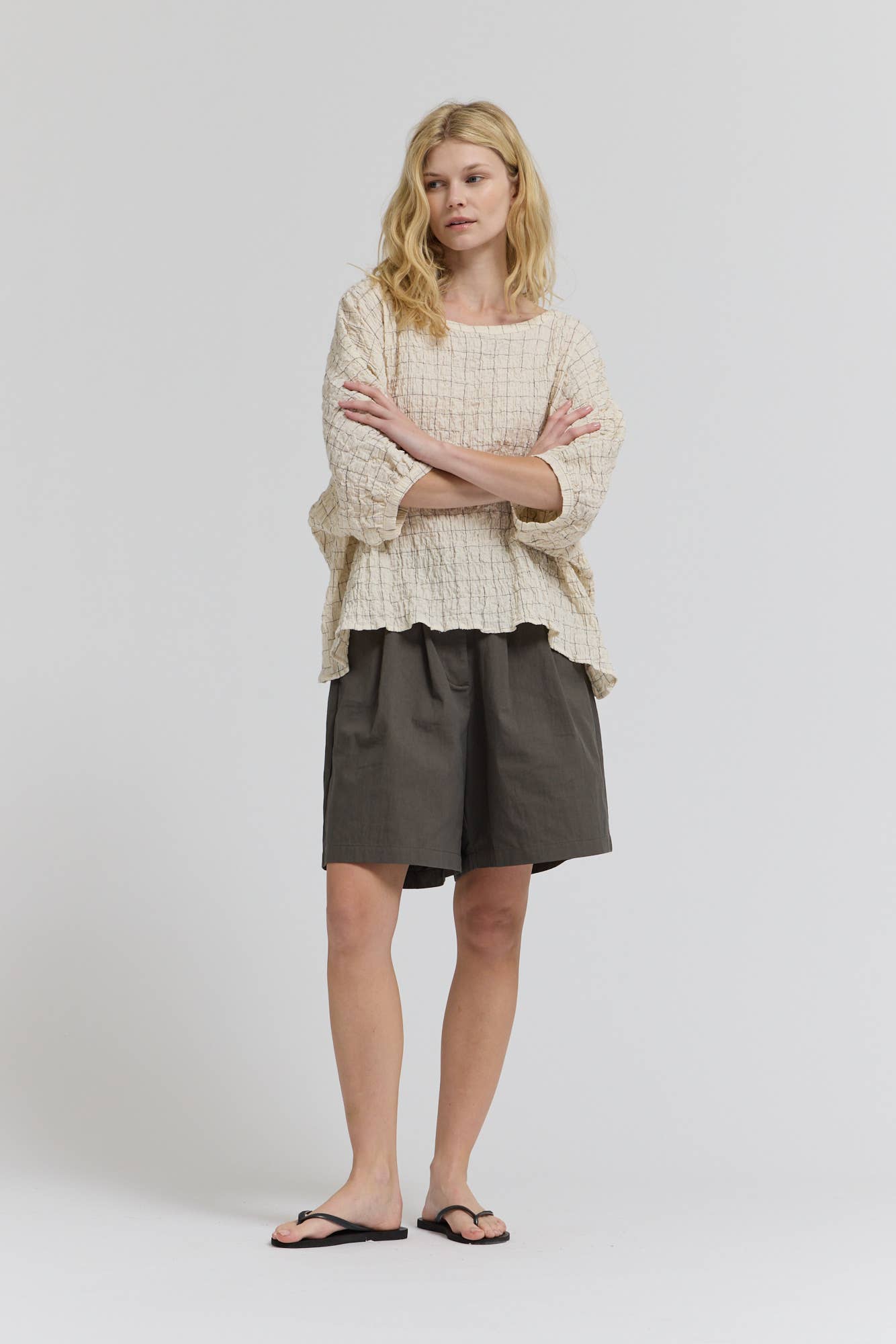 CHECK PRINT GAUZE BLOUSE: Black