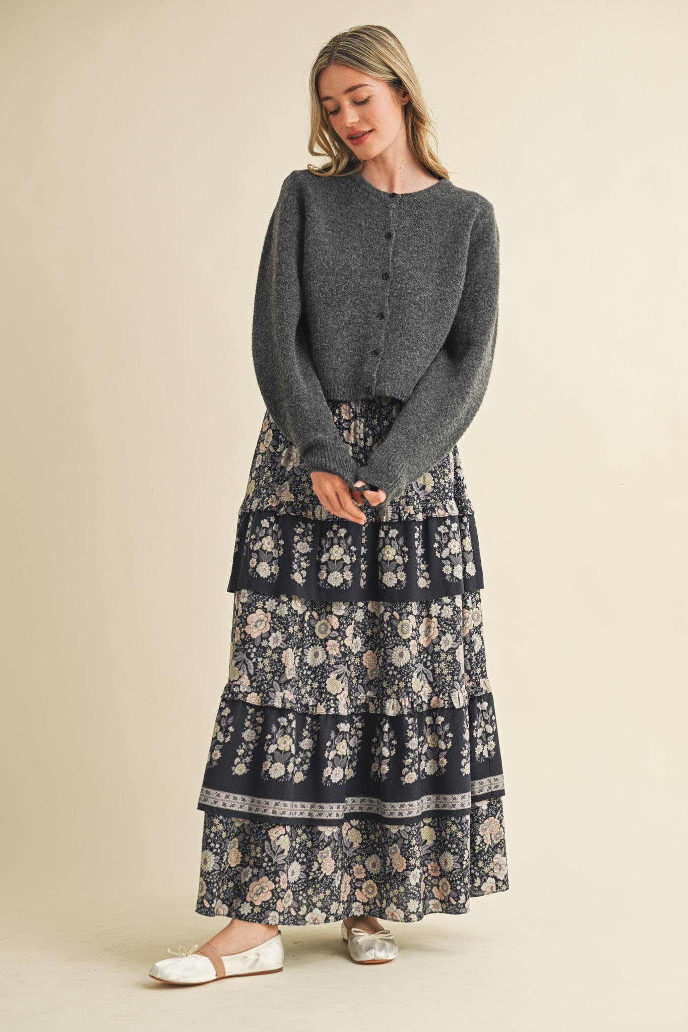 HEAVY PUFF SLEEVE SWEATER CARDIGAN: CHARCOAL