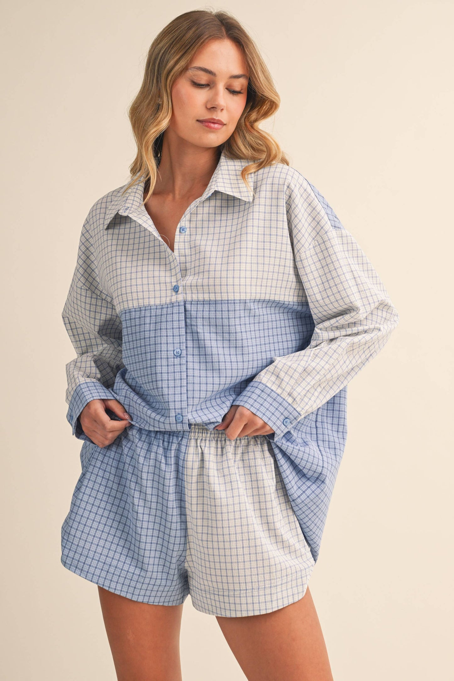 Long Sleeve Button Down Shirt and Short Set: Blue Multi
