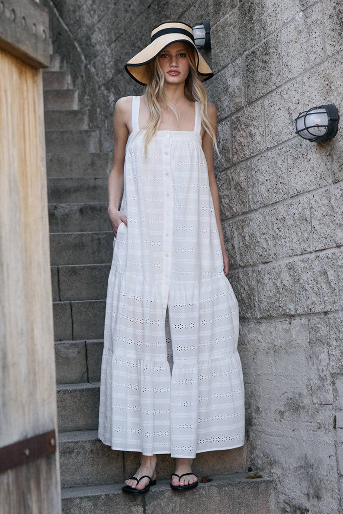 Eyelet Tiered Button Front Maxi Dress: WHITE