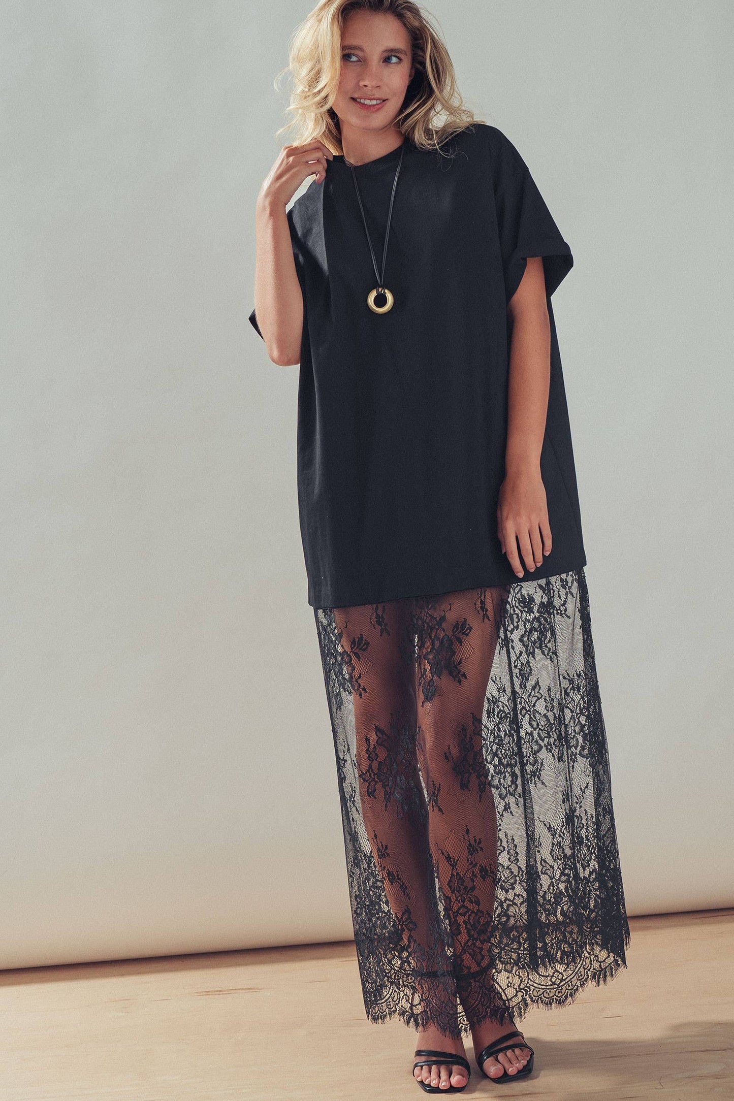 Mixed-Media T-Shirt Dress with Sheer Lace Skirt: Black