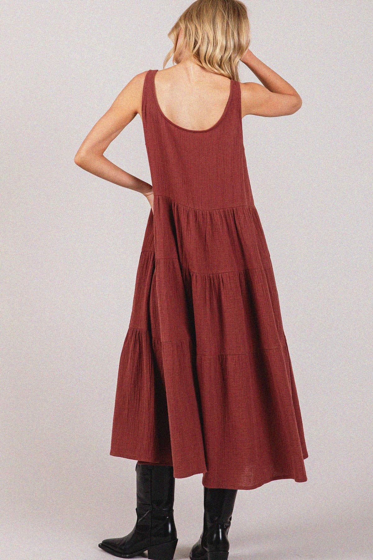 Lightweight Gauze Tiered Midi Dress: Brick