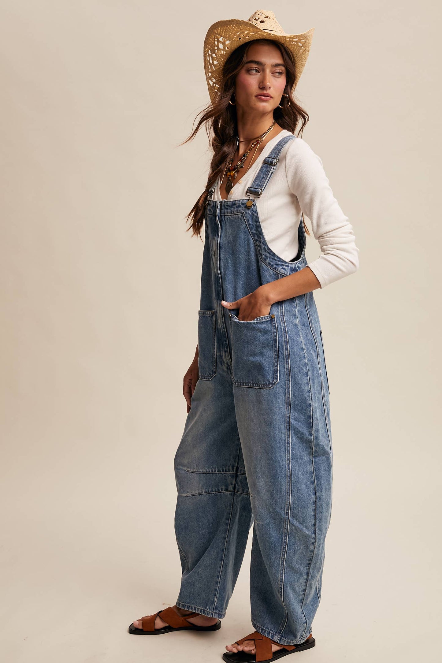 Wide-Leg Denim Overalls: Sunwashed Blue