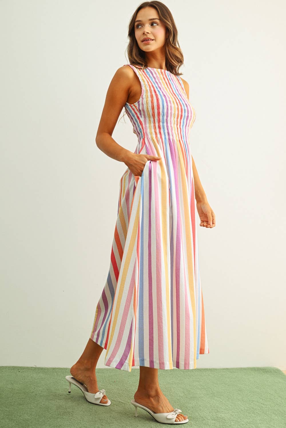 MULTI STRIPE PRINT S/L WITH SMOCKING DRESS: MULTI
