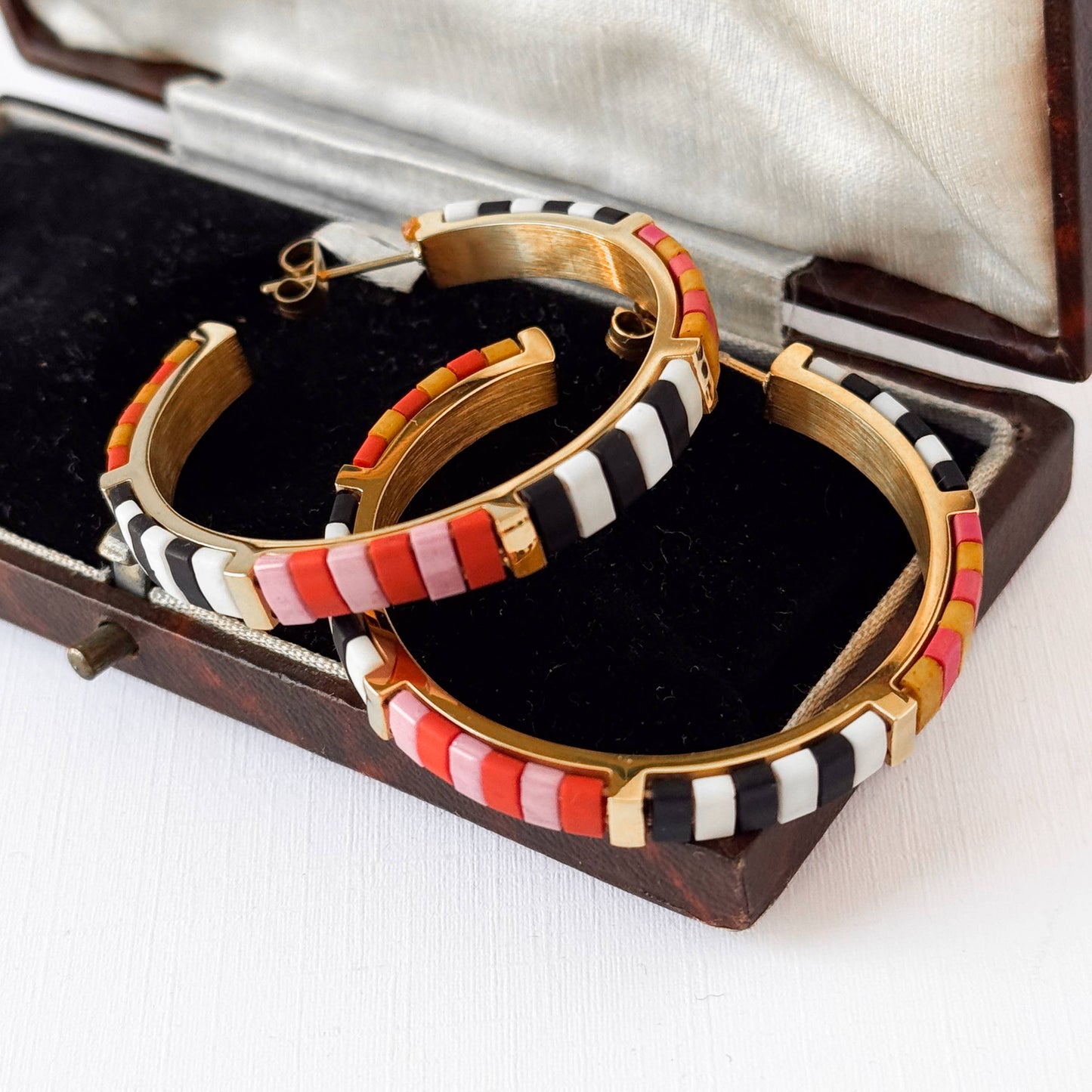 Big Bold Tila Bead Hoop Earrings Gold-Plated, Handmade- B+W