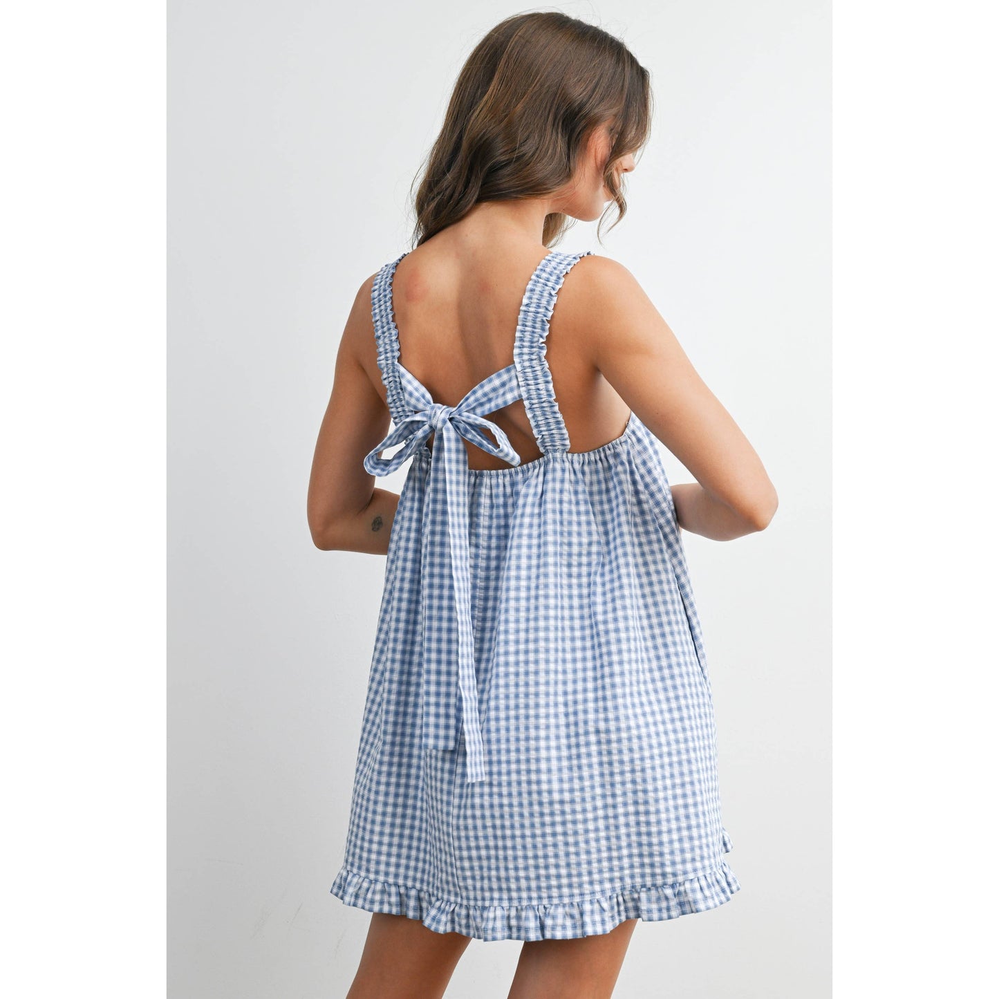 Back-Tie Smocked Ruffle Gingham Dress: BLUE / IVORY