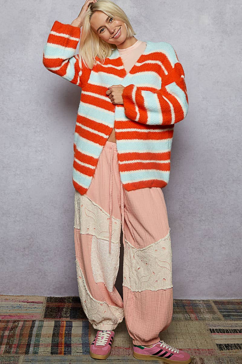 V-neck long sleeve stripe mohair sweater cardigan: SKY/ORANGE / M