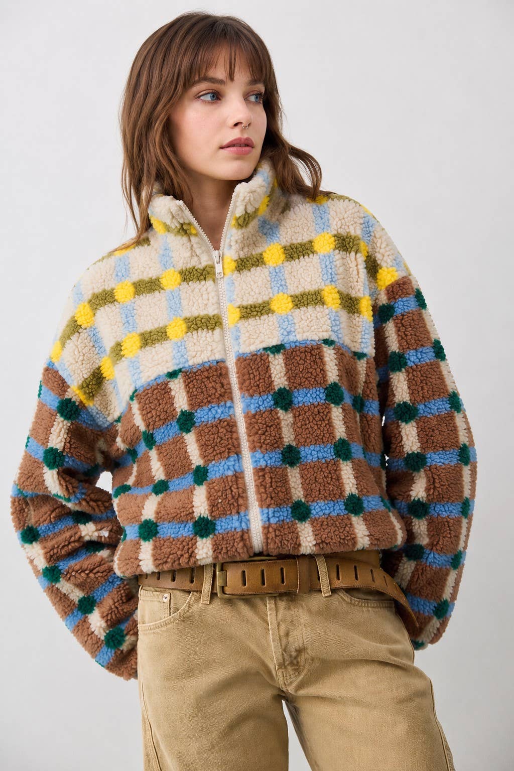MIXED PLAID COLOR BLOCK SHERPA ZIP-UP JACKET: BROWN/CREAM