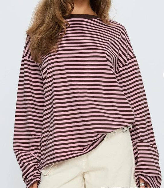 Casual Color Block Round Neck Long Sleeve Striped T Shirt: Pink & Brown