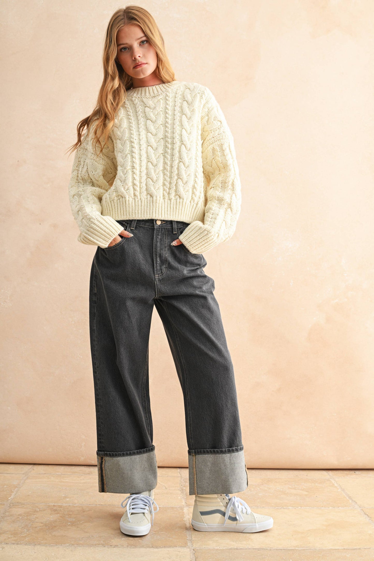 BRAID ON BACK CABLE SWEATER: IVORY