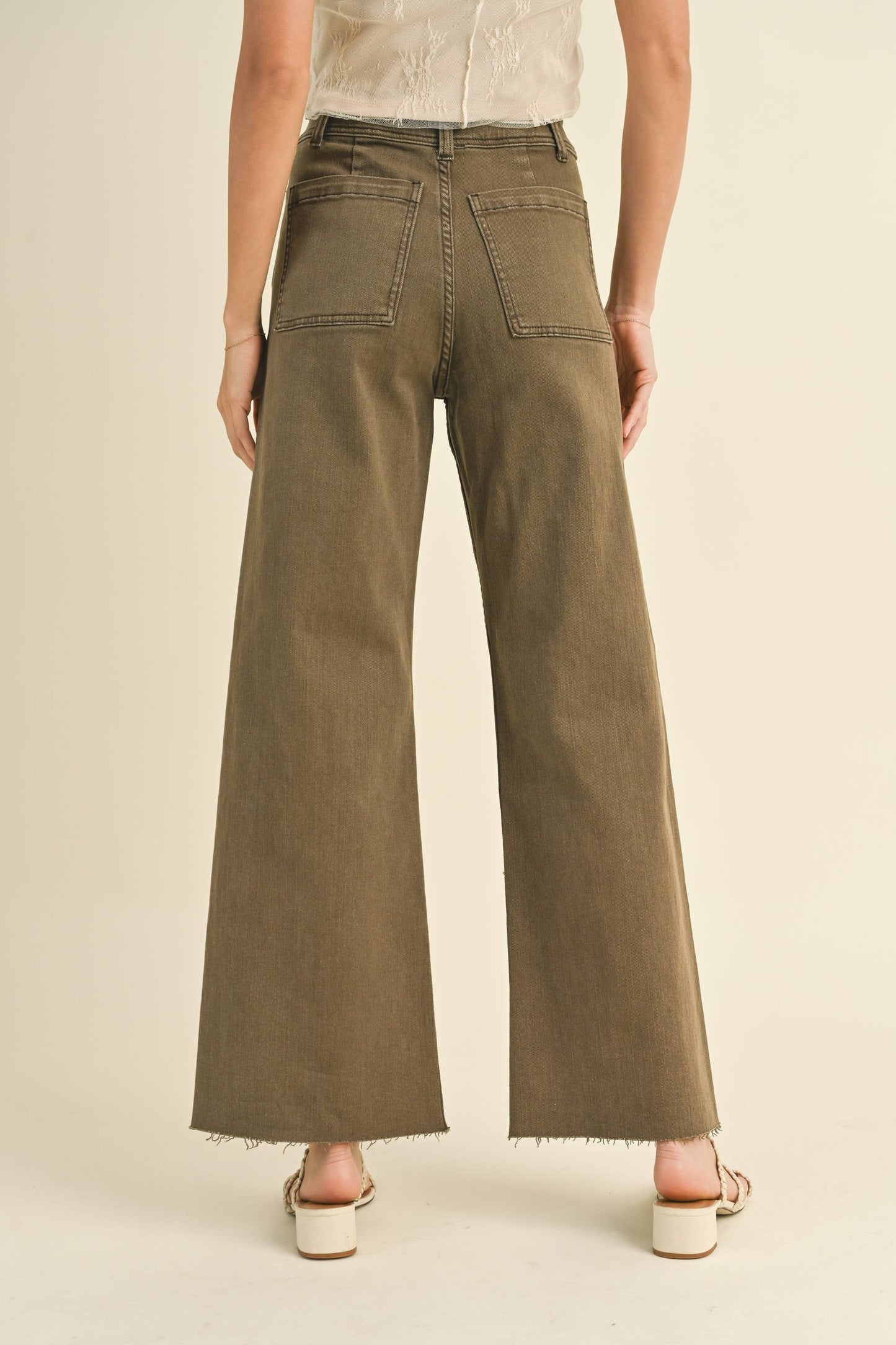 STRAIGHT WIDE LEG PANTS WITH FRONT POCKET: Washed Brown