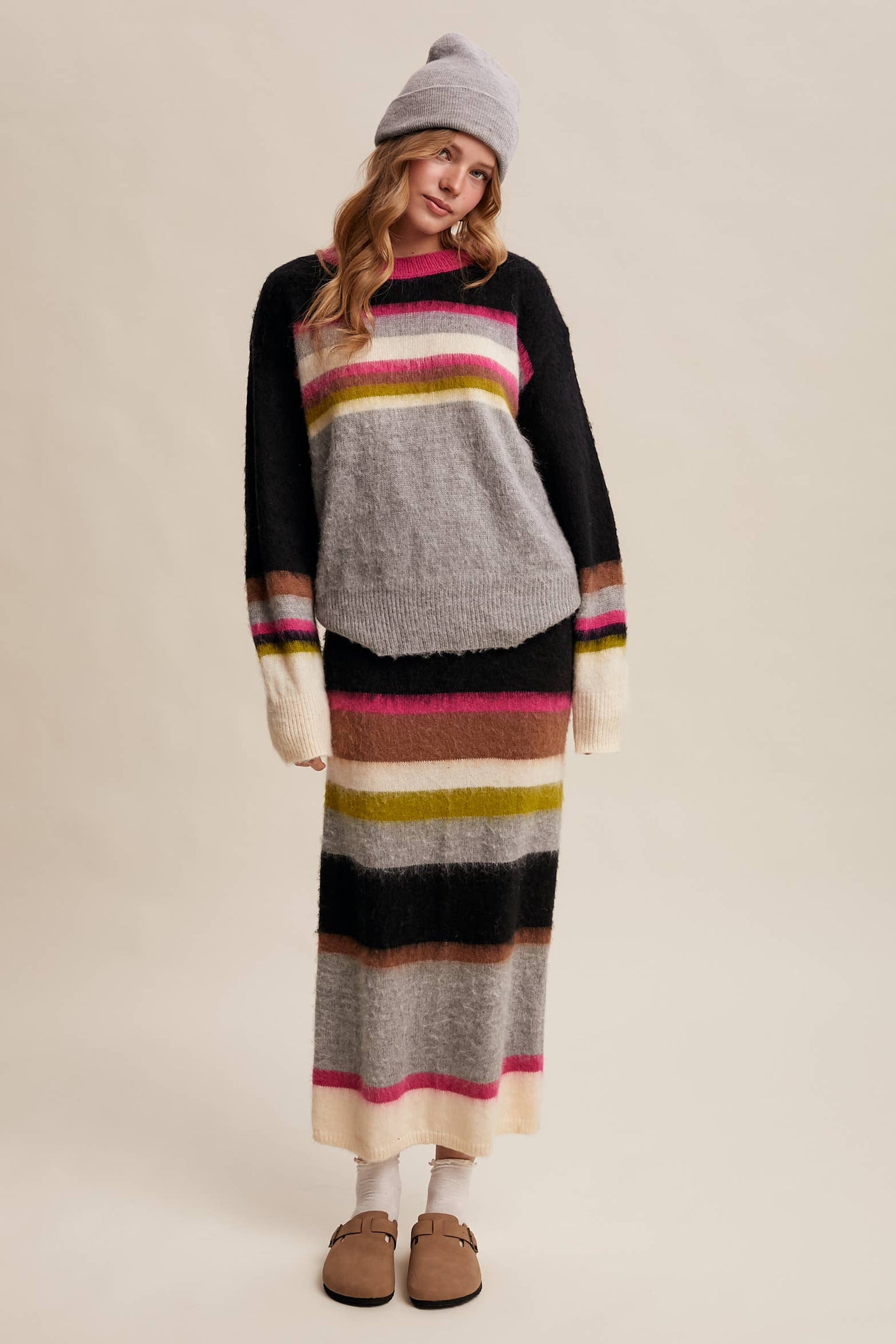 Striped Fuzzy Knit Sweater & Skirt: Light Pink Multi