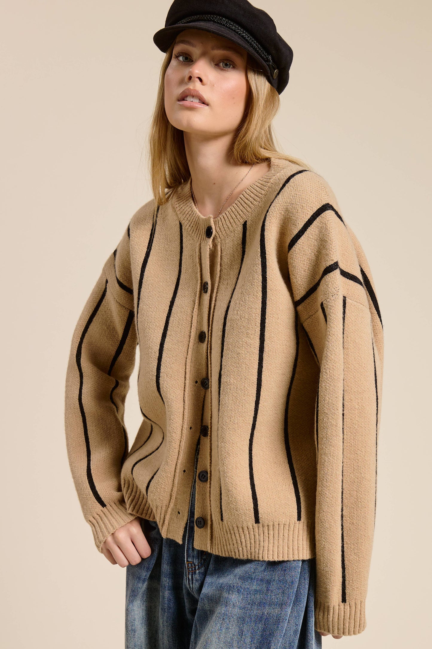 Striped Heavy Knit Cardigan: Taupe