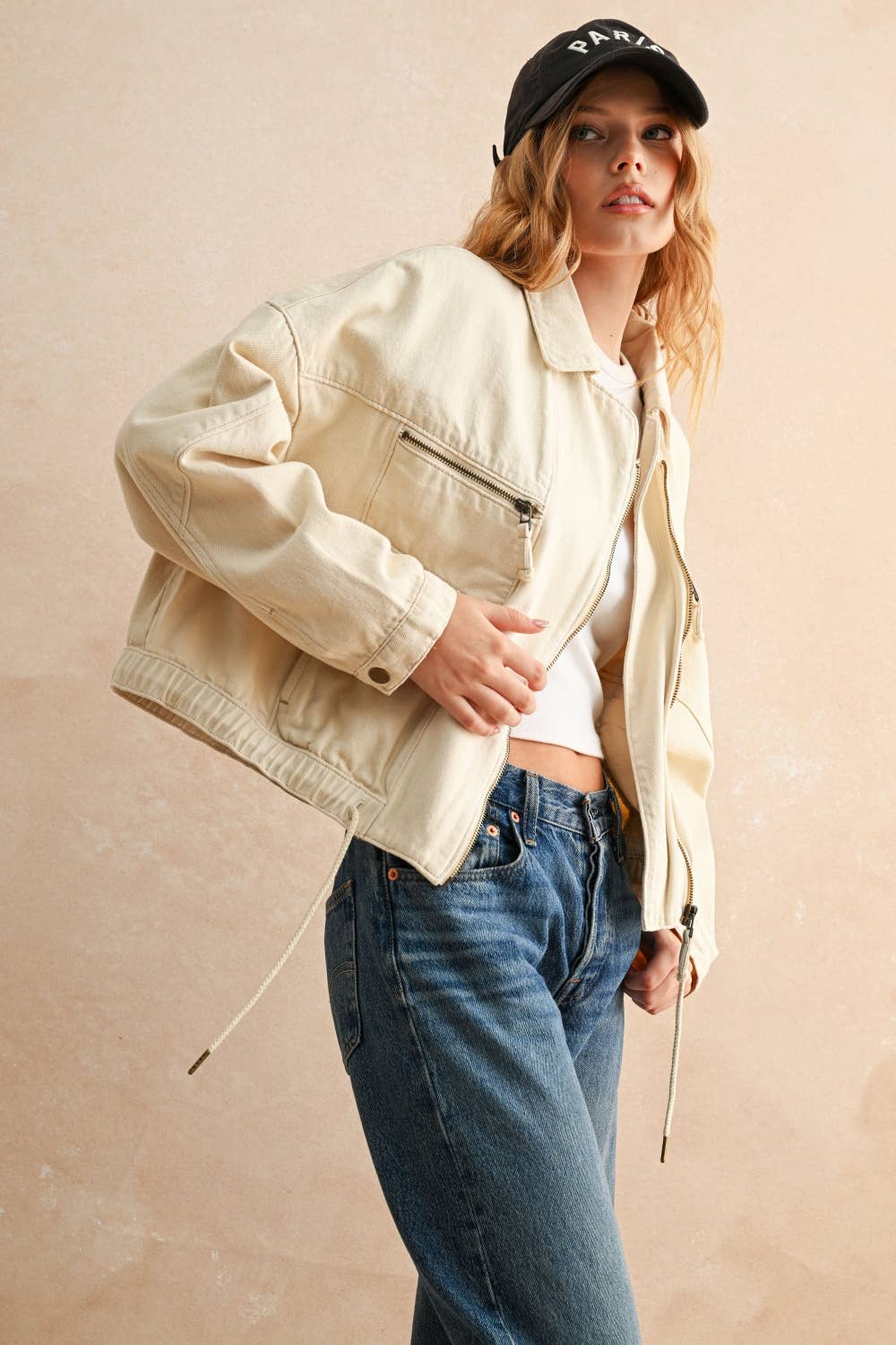 COTTON MOTO STYLE JACKET: ECRU