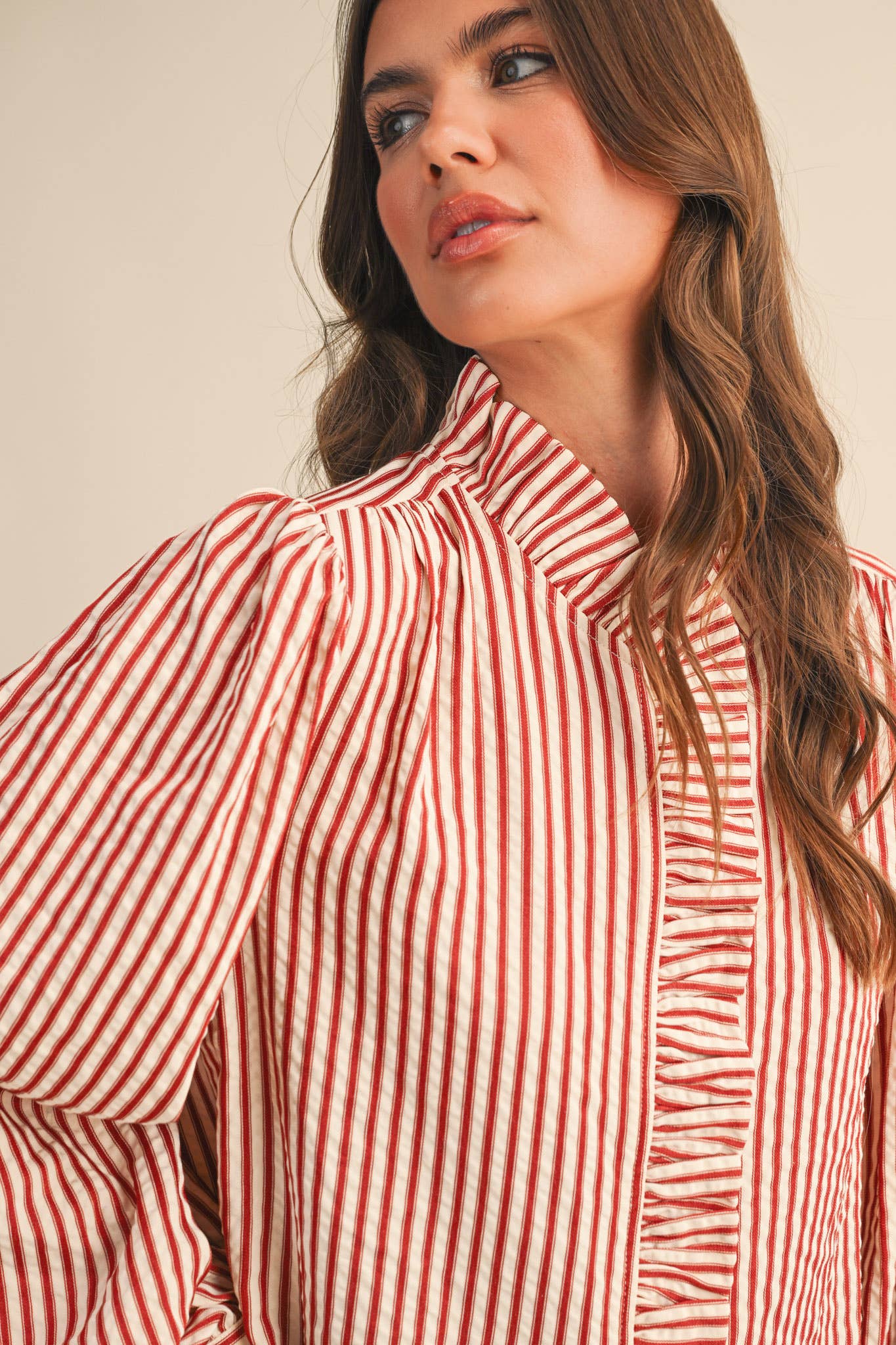 STRIPED RUFFLED BUTTON DOWN: Red Stripe
