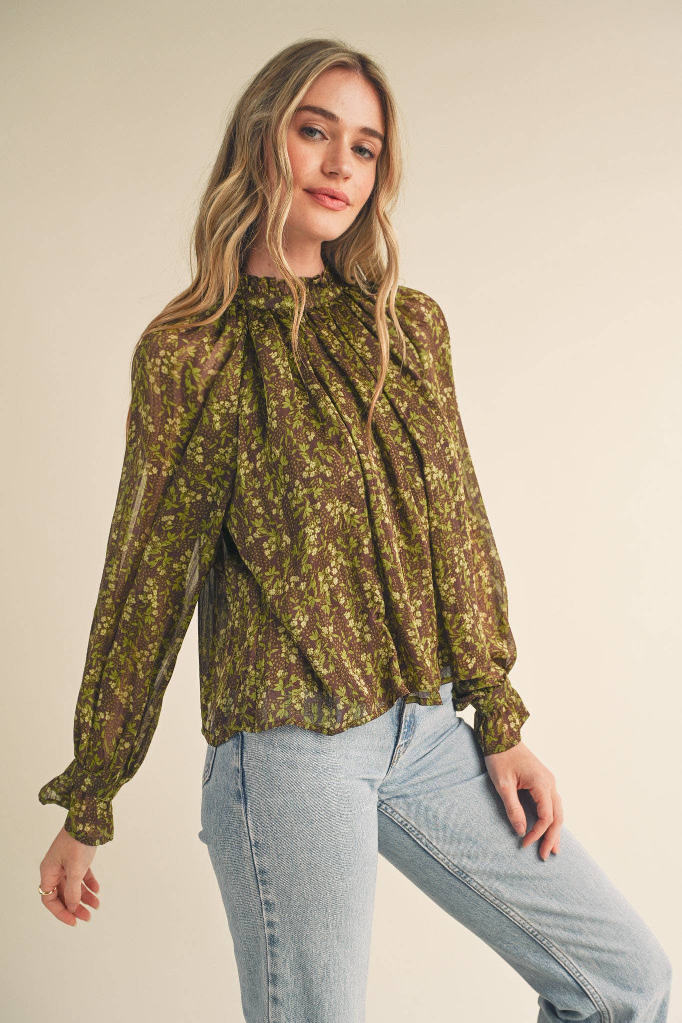 FLORAL LUREX BALLOON SLEEVE TOP: BROWN SAGE LIME