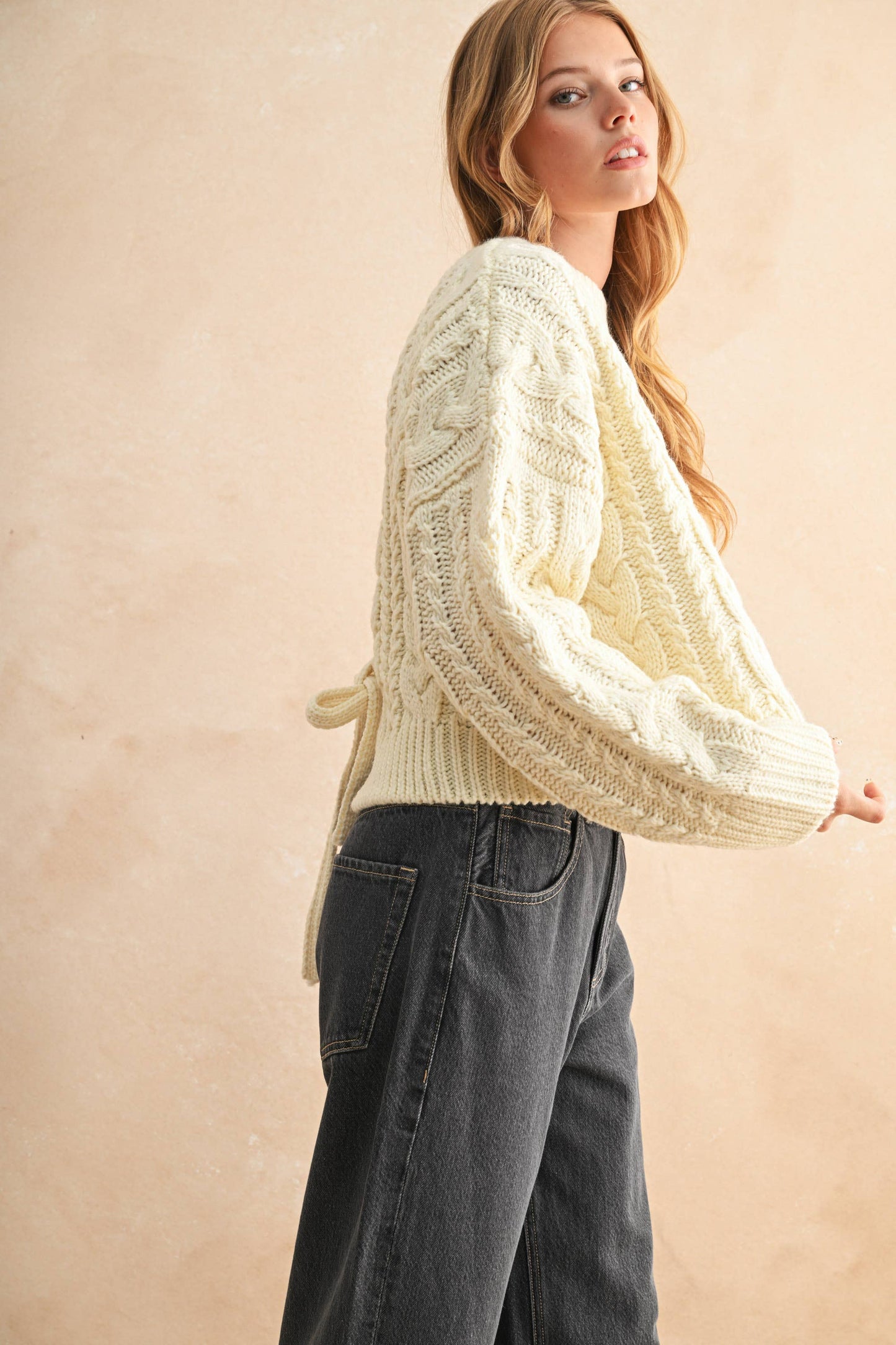 BRAID ON BACK CABLE SWEATER: IVORY