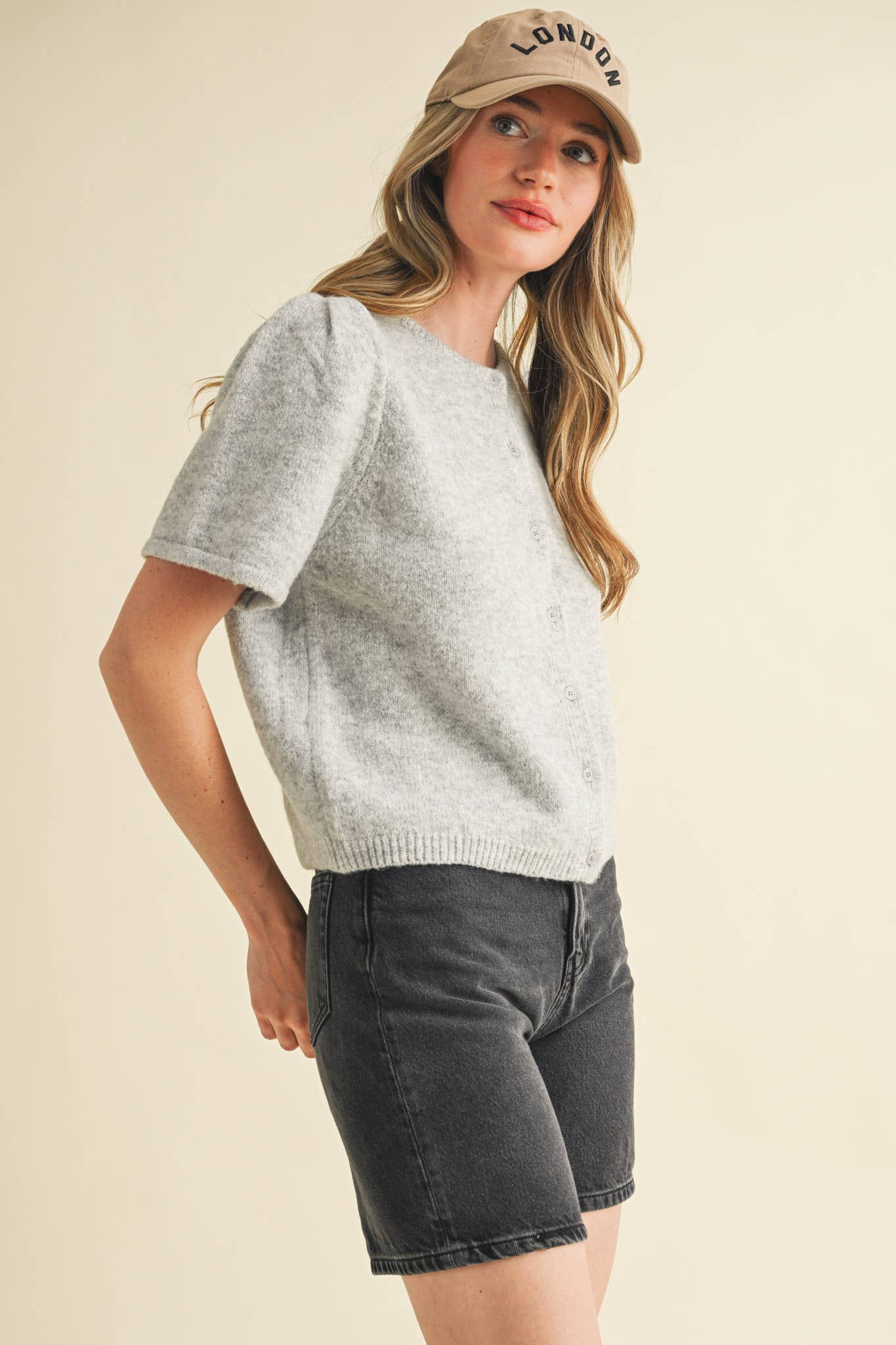 SHORT PUFF SLEEVE SWEATER CARDIGAN: H GREY