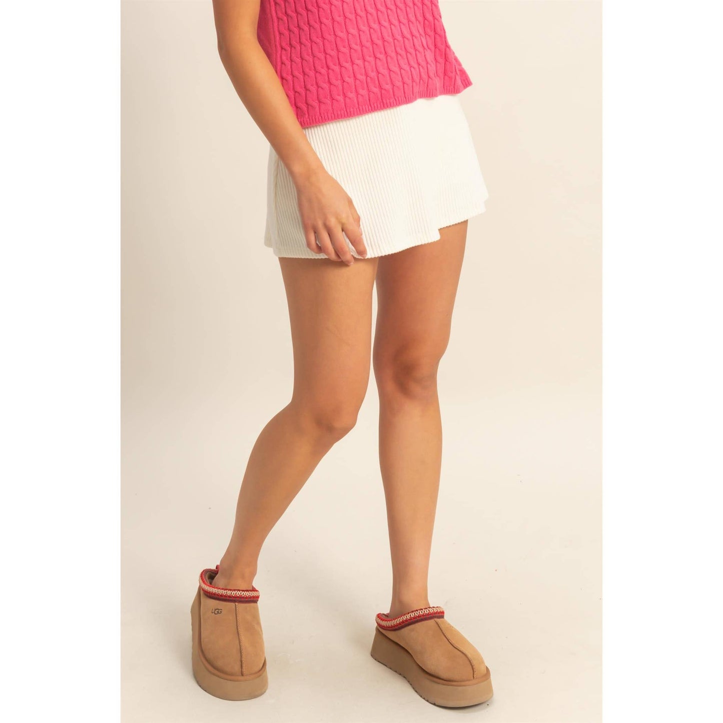 Ribbed Elastic Waist Mini Skort: BLACK