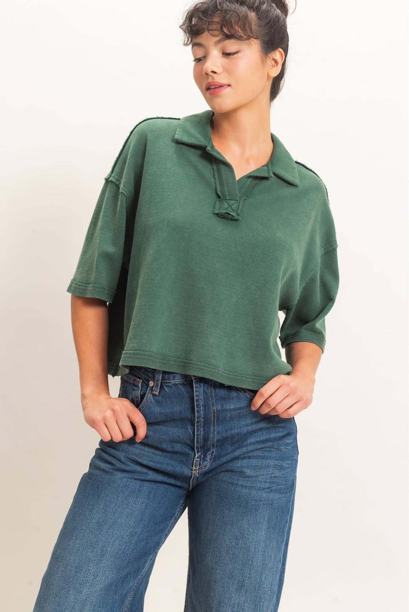 Mineral Wash Oversized Collar Short Sleeve Top: DARK GREEN