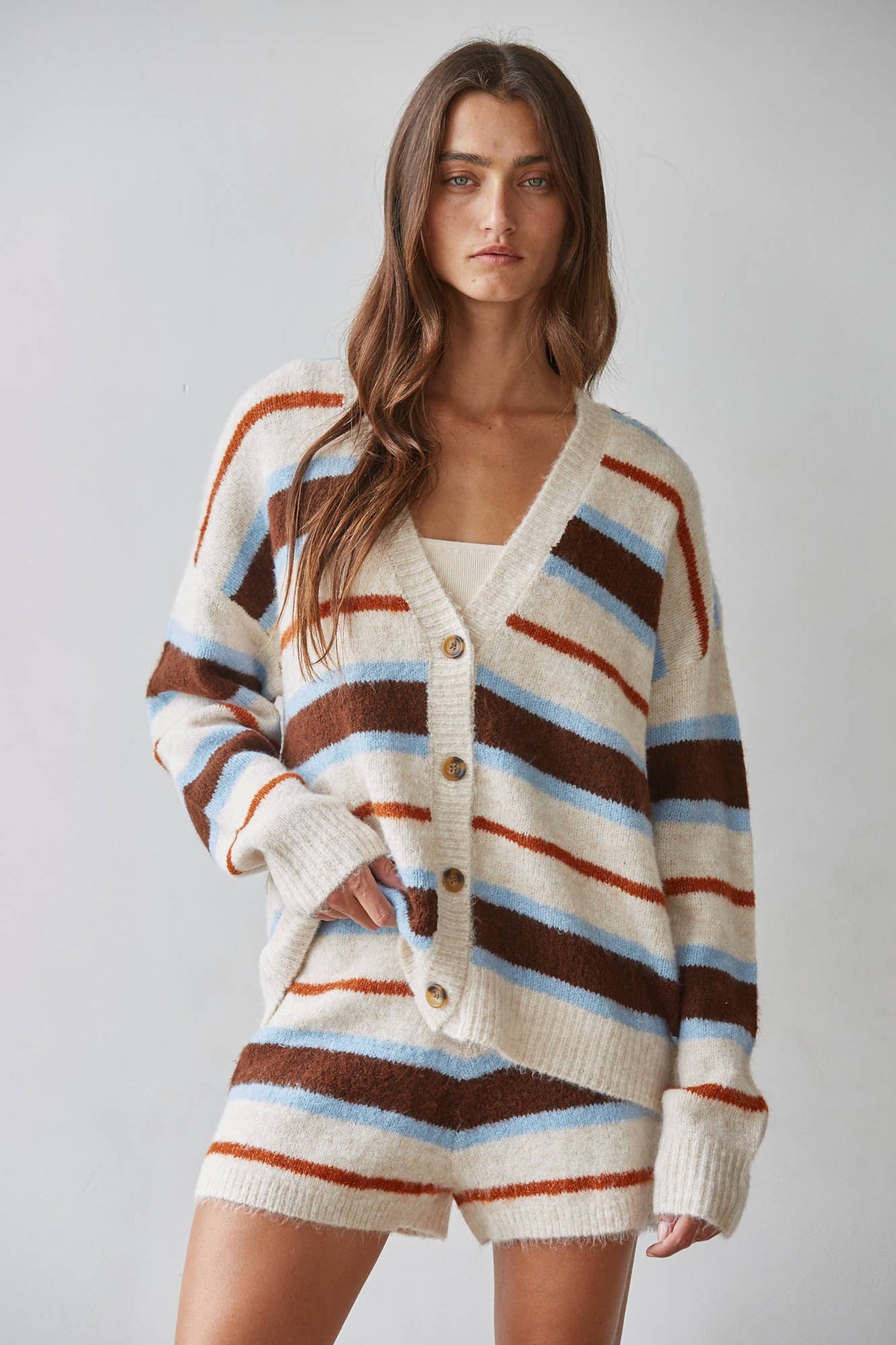 Knit Sweater Multicolor Striped Buttondown Cardigan: Natural Brown