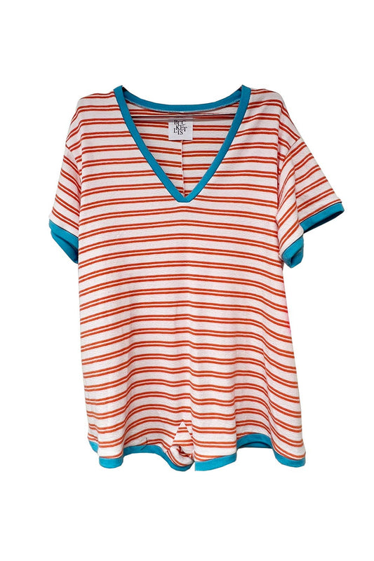 Striped Knit Binding Details V-neck Romper - Orange and blue