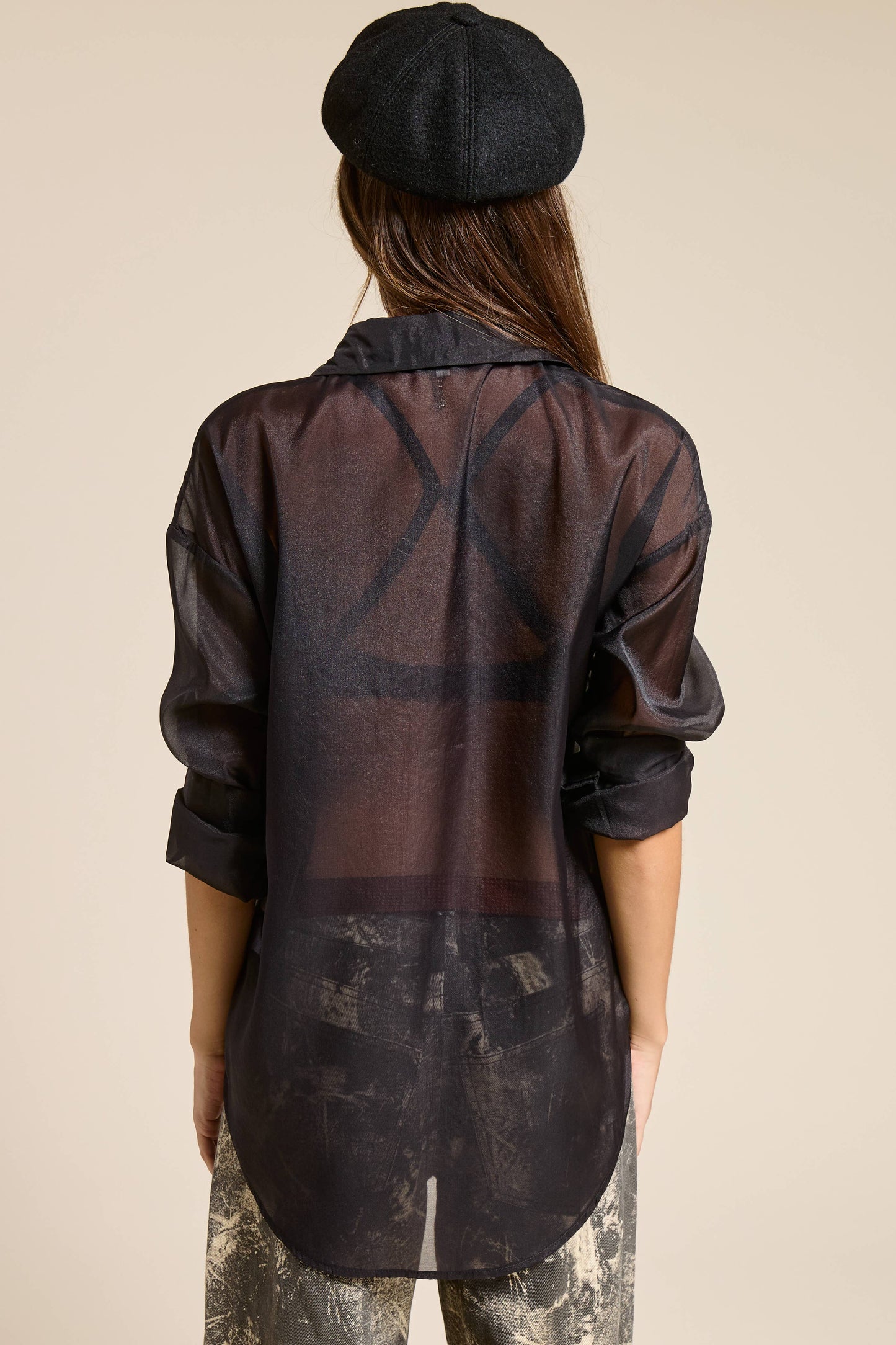 Oversized Sheer Organza Collared Button-Down Blouse: Black
